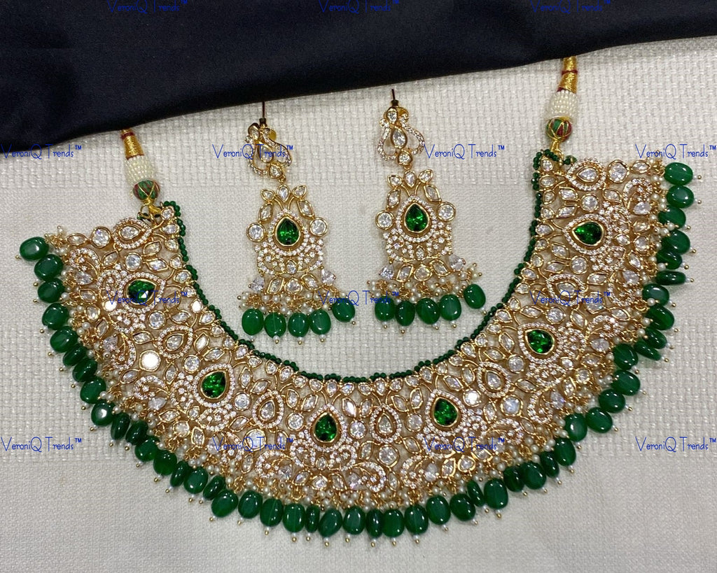 VeroniQ Trends-Royal Victorian Bridal Kundan Polki Necklace With Beads Polki-Gold Plated-Wedding Jewellery-Punjabi Jewellery-South Indian-Thappa Jewellery