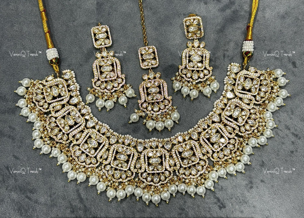 VeroniQ Trends-Traditional  Victorian Bridal Kundan Polki Necklace With Pearls Polki-Gold Plated-Wedding Jewellery-Punjabi Jewellery-South Indian-Thappa Jewellery