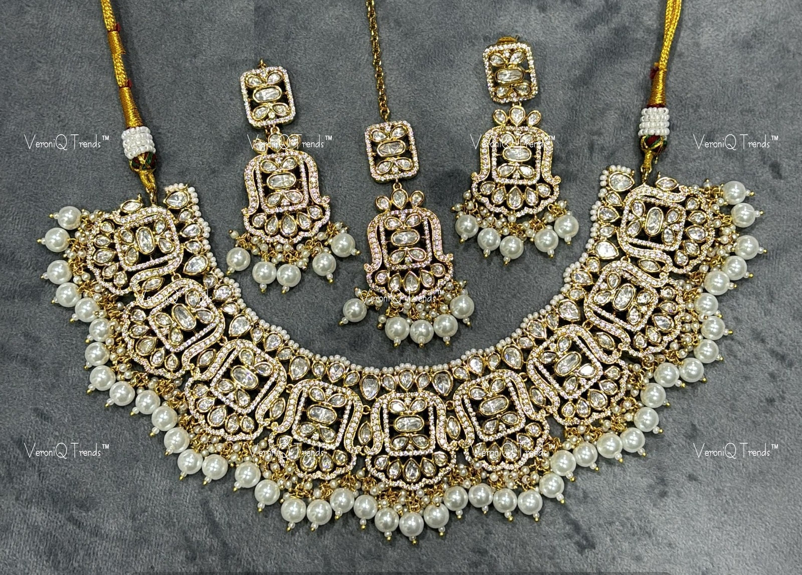 VeroniQ Trends-Traditional  Victorian Bridal Kundan Polki Necklace With Pearls Polki-Gold Plated-Wedding Jewellery-Punjabi Jewellery-South Indian-Thappa Jewellery