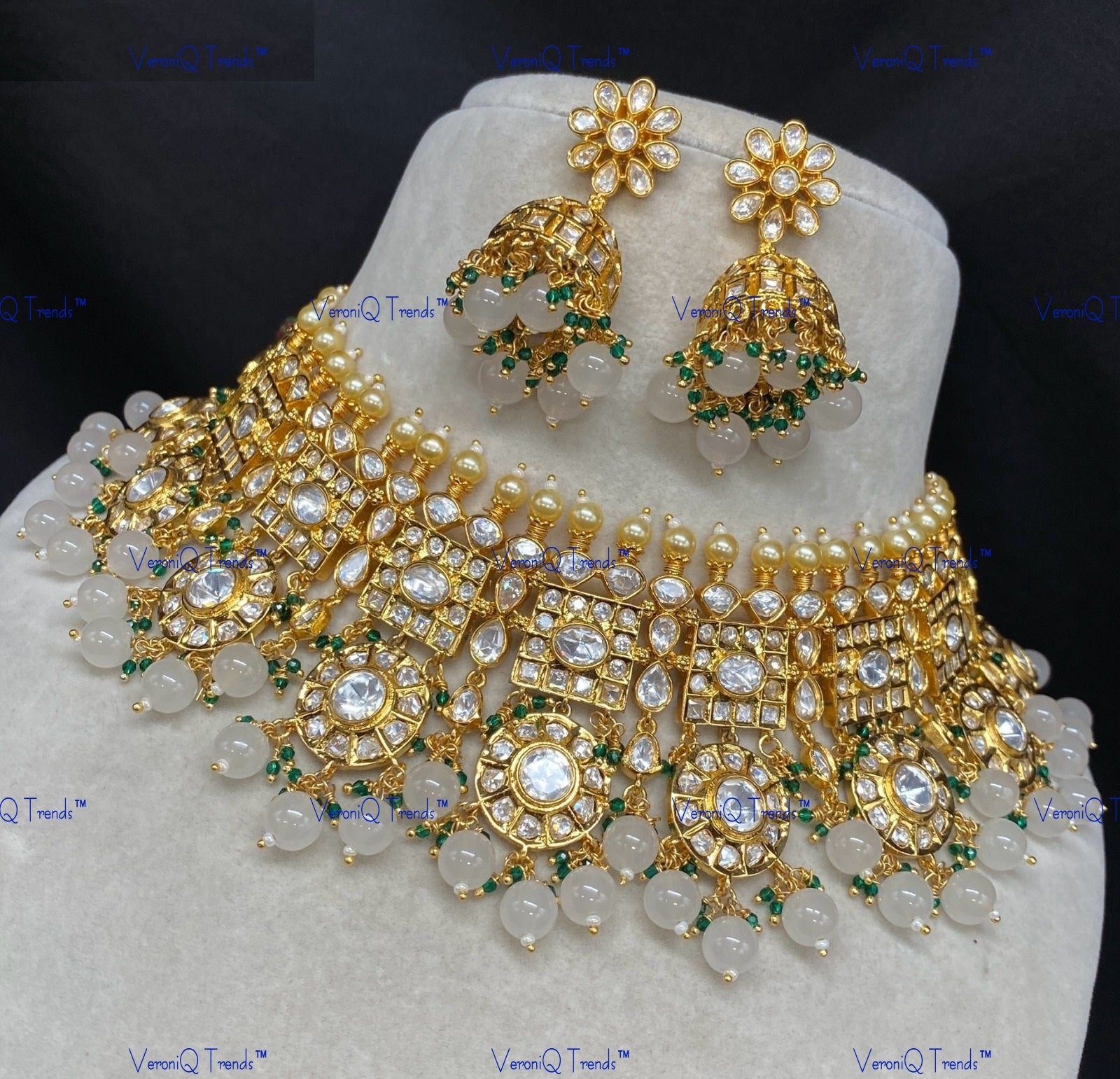 VeroniQ Trends-Traditional Gold Plated Bridal Kundan Polki Choker Necklace With Quartz Beads Polki-Gold Plated-Wedding Jewellery-Punjabi Jewellery-South Indian-Thappa Jewellery