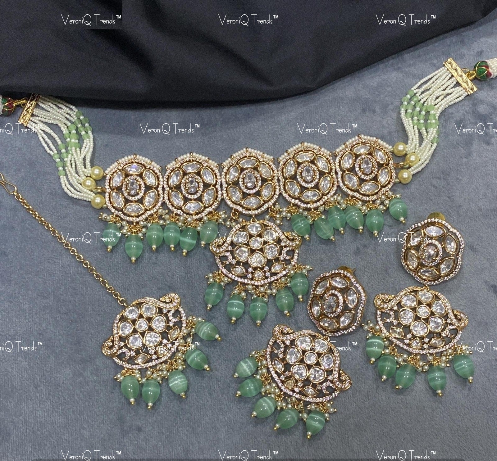 VeroniQ Trends-Traditional Multistrand Kundan Polki Green Beaded Necklace With Peacock Motif Polki-Gold Plated-Wedding Jewellery-Punjabi Jewellery-South Indian-Thappa Jewellery