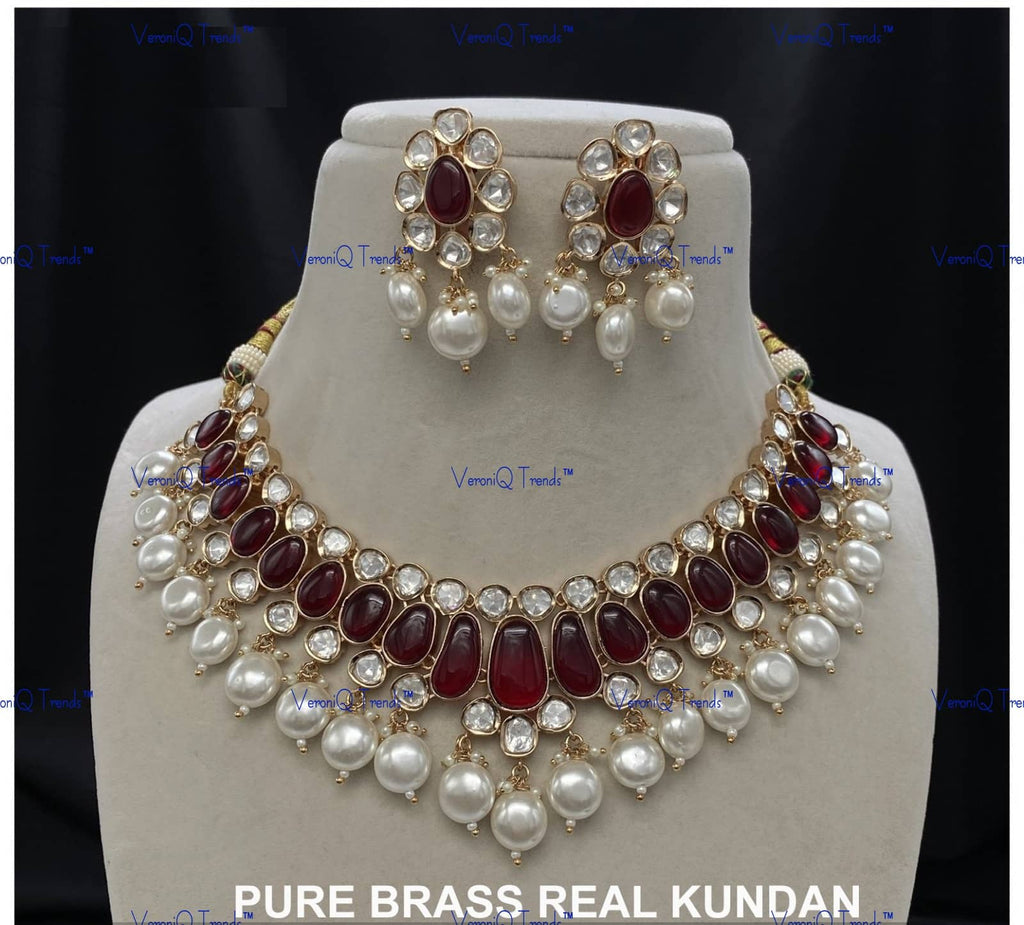 VeroniQ Trends-Elegant Gold Plated Pearl Kundan Polki Choker Necklace Kundan-Gold Plated-Wedding Jewellery-Punjabi Jewellery-South Indian-Thappa Jewellery