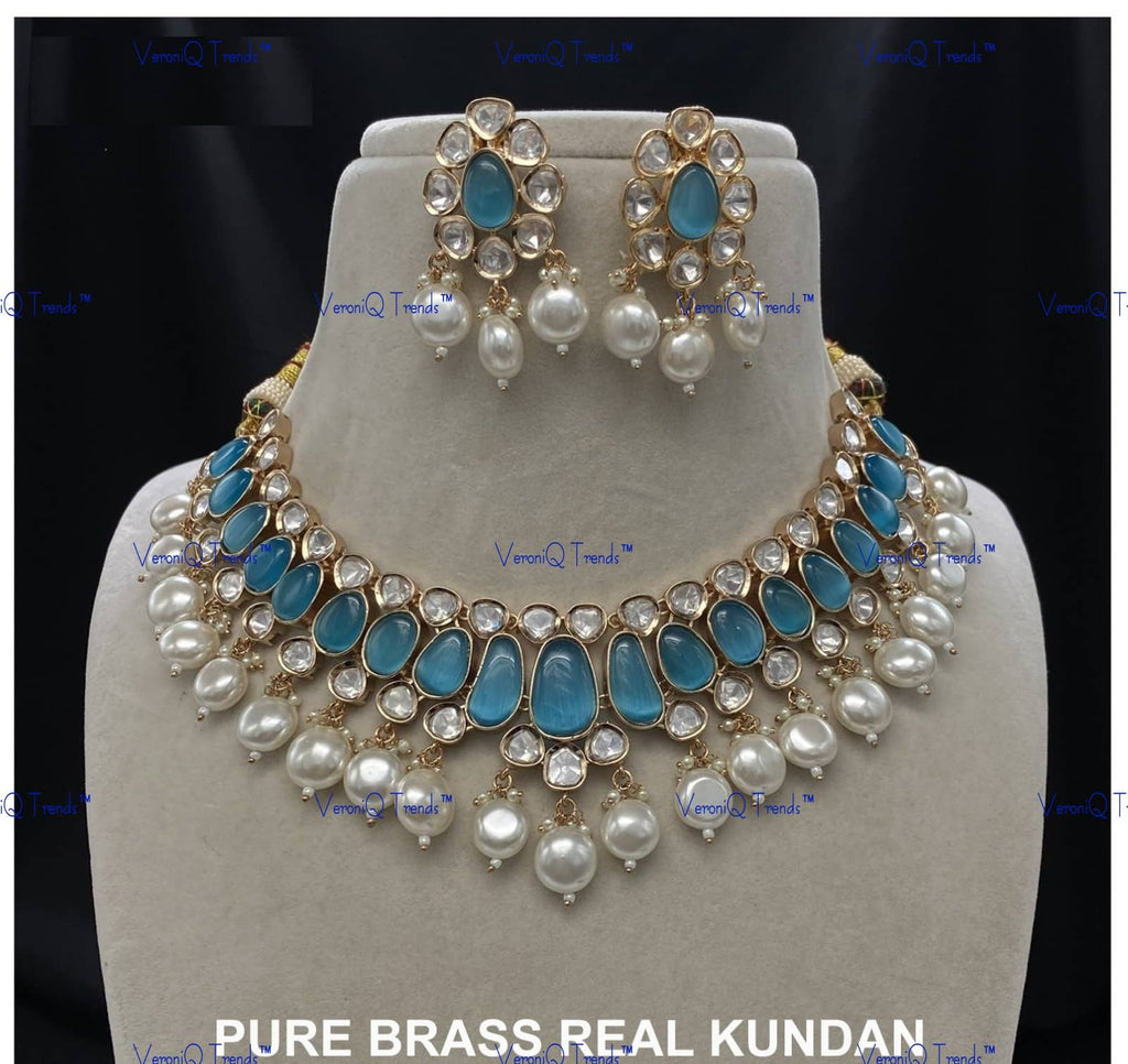 VeroniQ Trends-Elegant Gold Plated Pearl Kundan Polki Choker Necklace Kundan-Gold Plated-Wedding Jewellery-Punjabi Jewellery-South Indian-Thappa Jewellery
