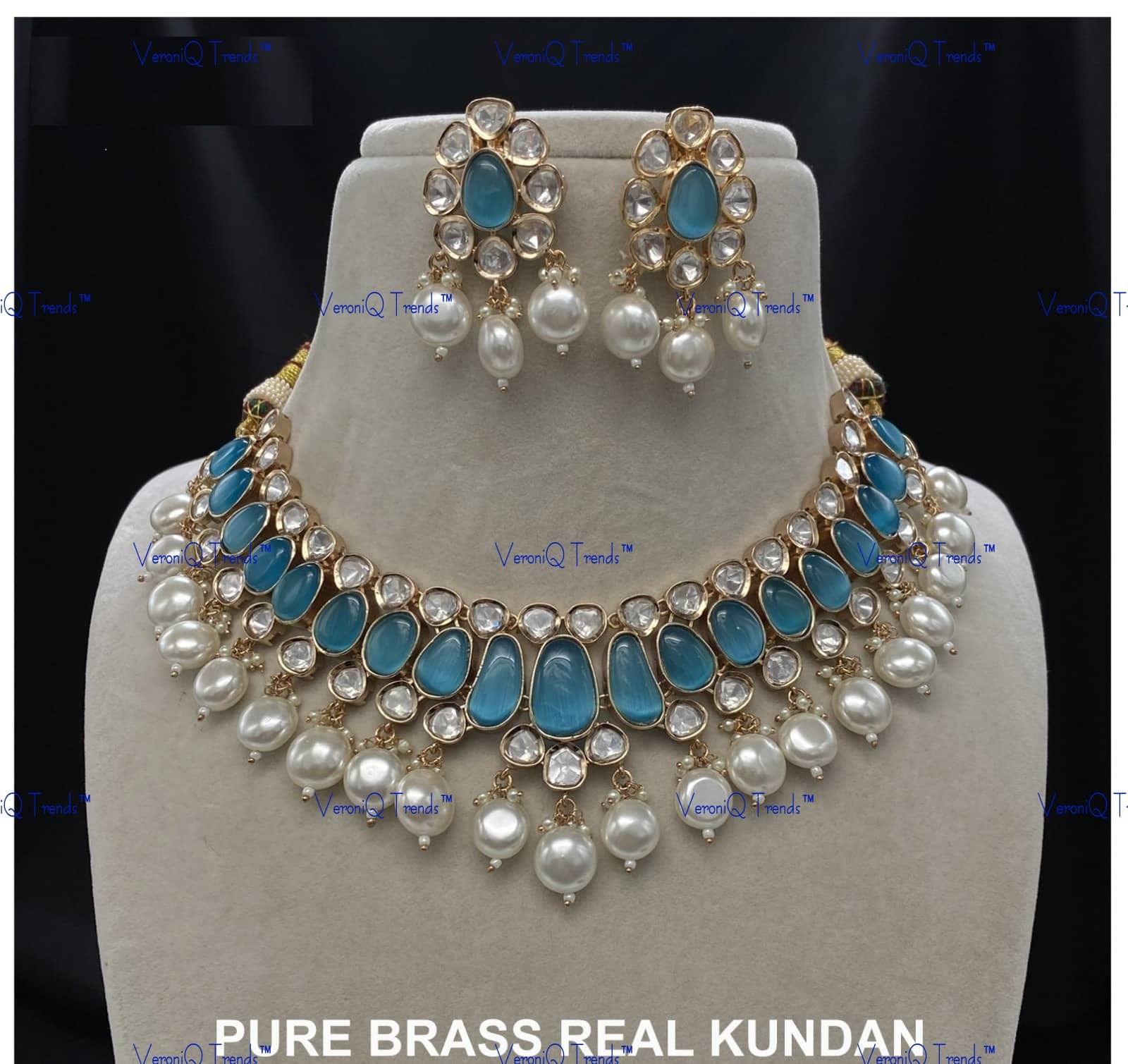 VeroniQ Trends-Elegant Gold Plated Pearl Kundan Polki Choker Necklace Kundan-Gold Plated-Wedding Jewellery-Punjabi Jewellery-South Indian-Thappa Jewellery