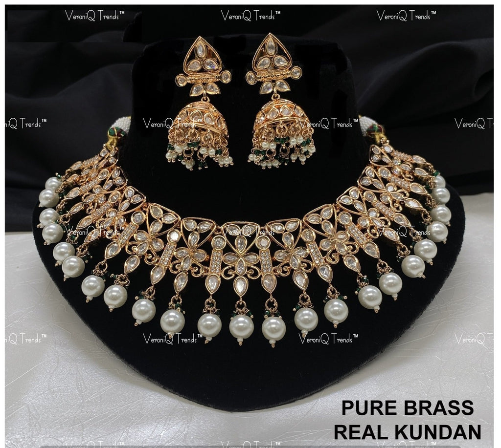 VeroniQ Trends-Traditional Bridal Gold Plated Kundan Polki Choker Necklace with Jhumki Earrings Kundan-Gold Plated-Wedding Jewellery-Punjabi Jewellery-South Indian-Thappa Jewellery