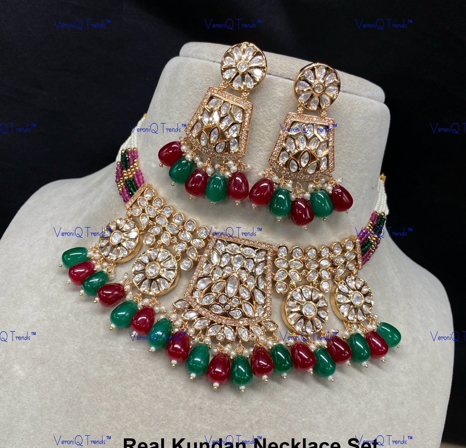 VeroniQ Trends-Traditional Gold Plated Multistrand Beads Kundan Polki Choker Necklace Kundan-Gold Plated-Wedding Jewellery-Punjabi Jewellery-South Indian-Thappa Jewellery