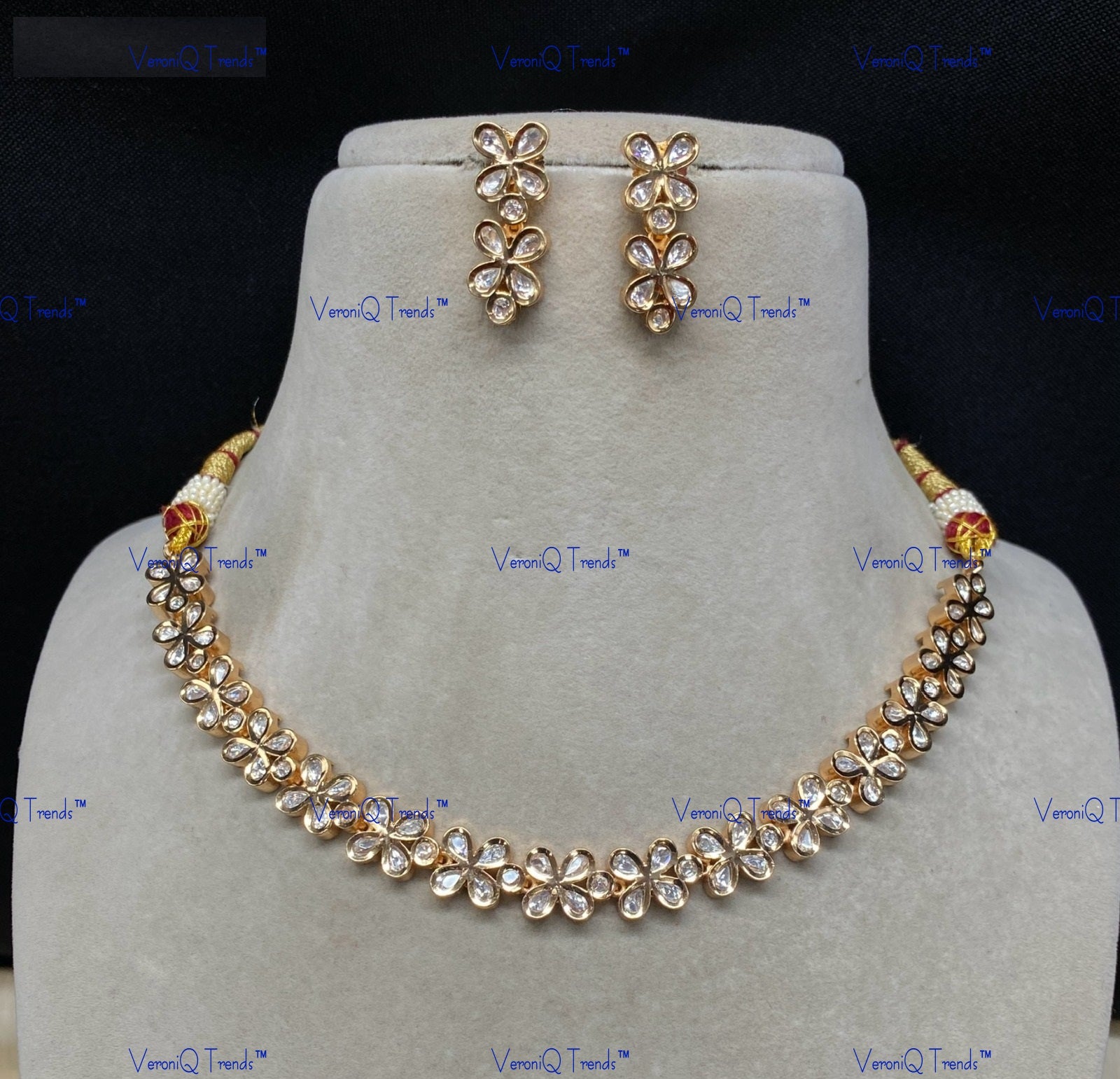 VeroniQ Trends-Latest Design Floral Gold Plated Kundan Polki Necklace Kundan-Gold Plated-Wedding Jewellery-Punjabi Jewellery-South Indian-Thappa Jewellery