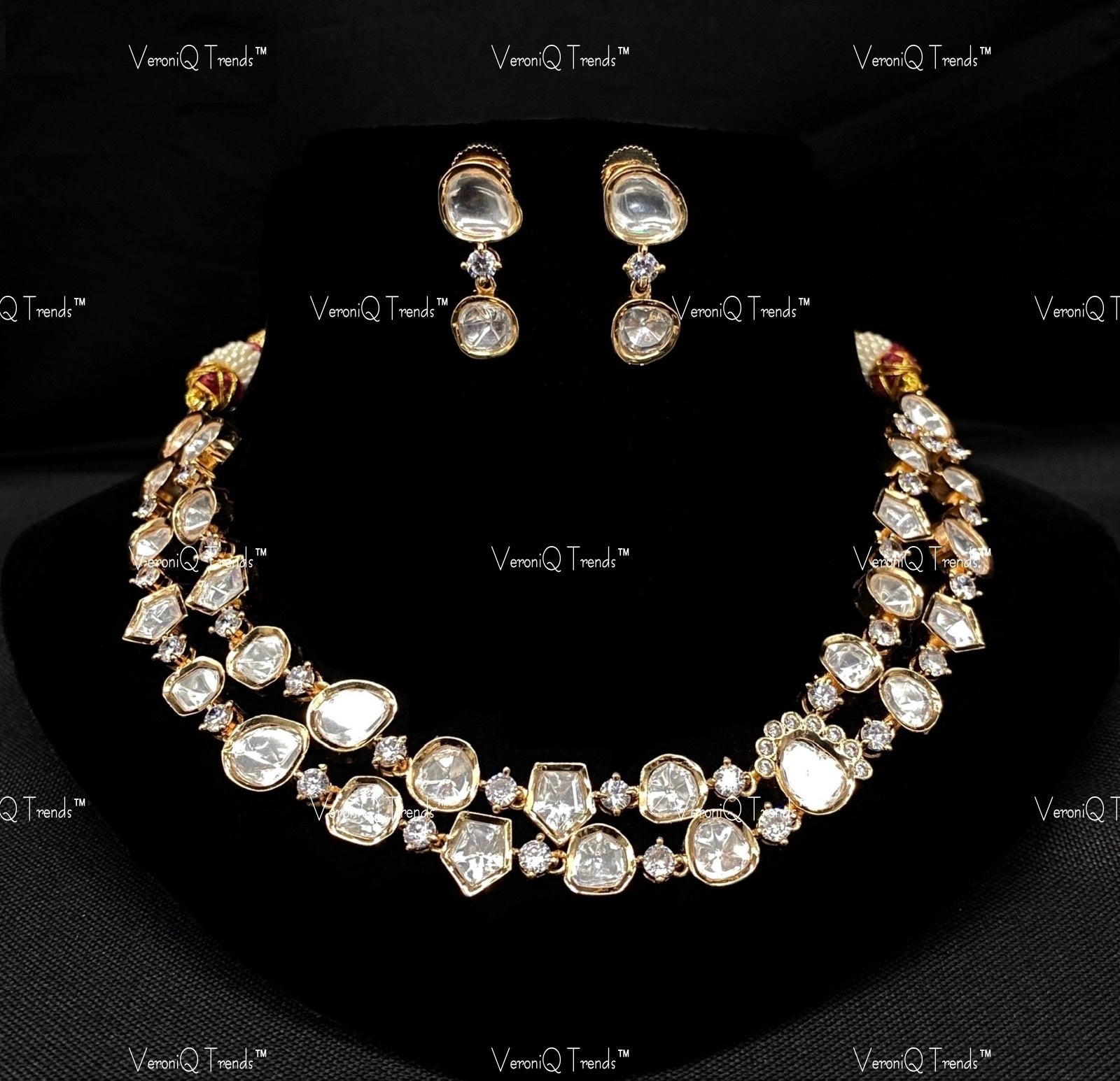 VeroniQ Trends-Traditional Double Line Gold Plated Kundan Polki Necklace Kundan-Gold Plated-Wedding Jewellery-Punjabi Jewellery-South Indian-Thappa Jewellery