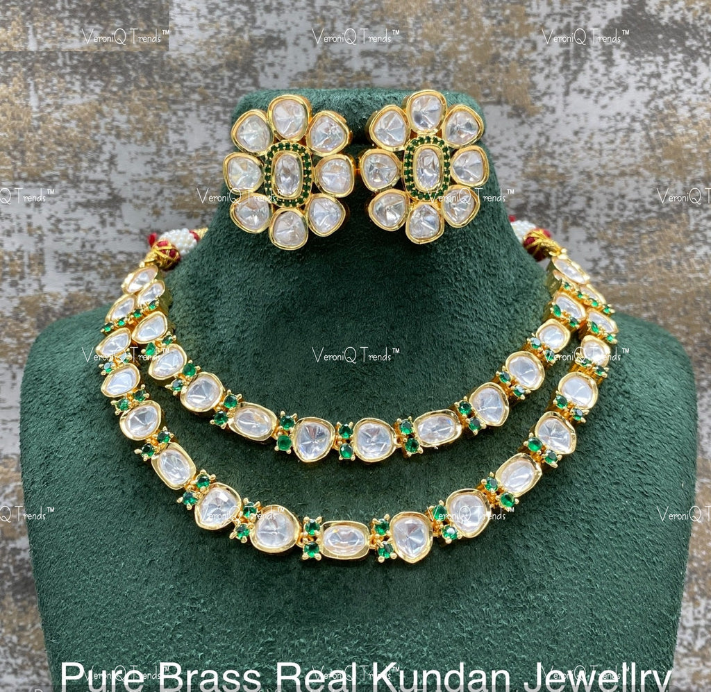 VeroniQ Trends-Beautiful Gold Plated Double Line Kundan Polki Necklace Kundan-Gold Plated-Wedding Jewellery-Punjabi Jewellery-South Indian-Thappa Jewellery