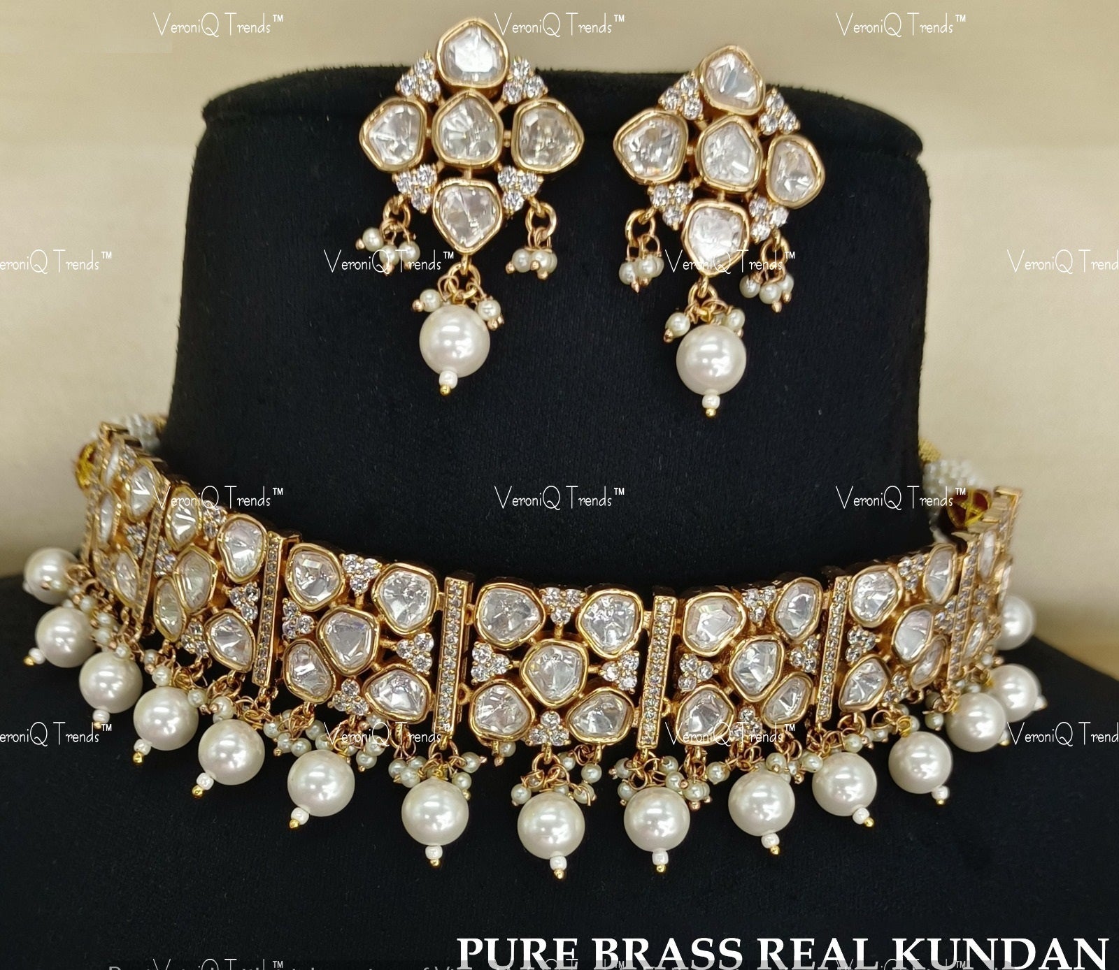 VeroniQ Trends-Party Wear Elegant Gold Plated Kundan Polki Choker Necklace Kundan-Gold Plated-Wedding Jewellery-Punjabi Jewellery-South Indian-Thappa Jewellery