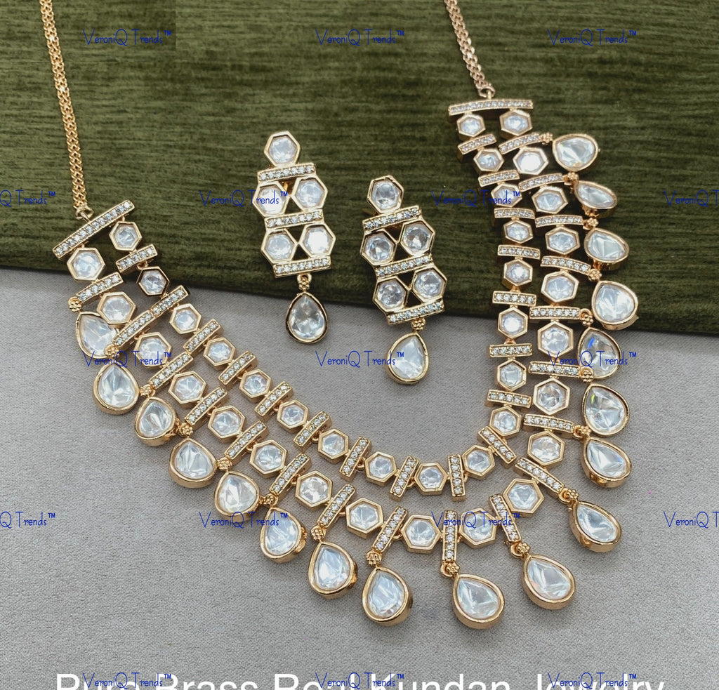 VeroniQ Trends-Cocktail Party Wear Elegant Gold Plated Double Line Kundan Polki Necklace Kundan-Gold Plated-Wedding Jewellery-Punjabi Jewellery-South Indian-Thappa Jewellery