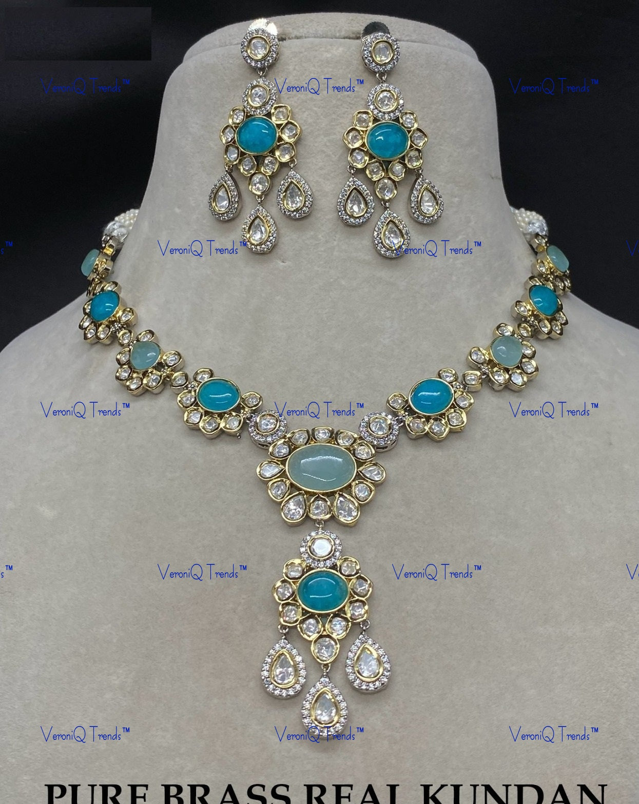 VeroniQ Trends-Elegant Gold Plated Turquoise Blue Kundan Polki Necklace Kundan-Gold Plated-Wedding Jewellery-Punjabi Jewellery-South Indian-Thappa Jewellery