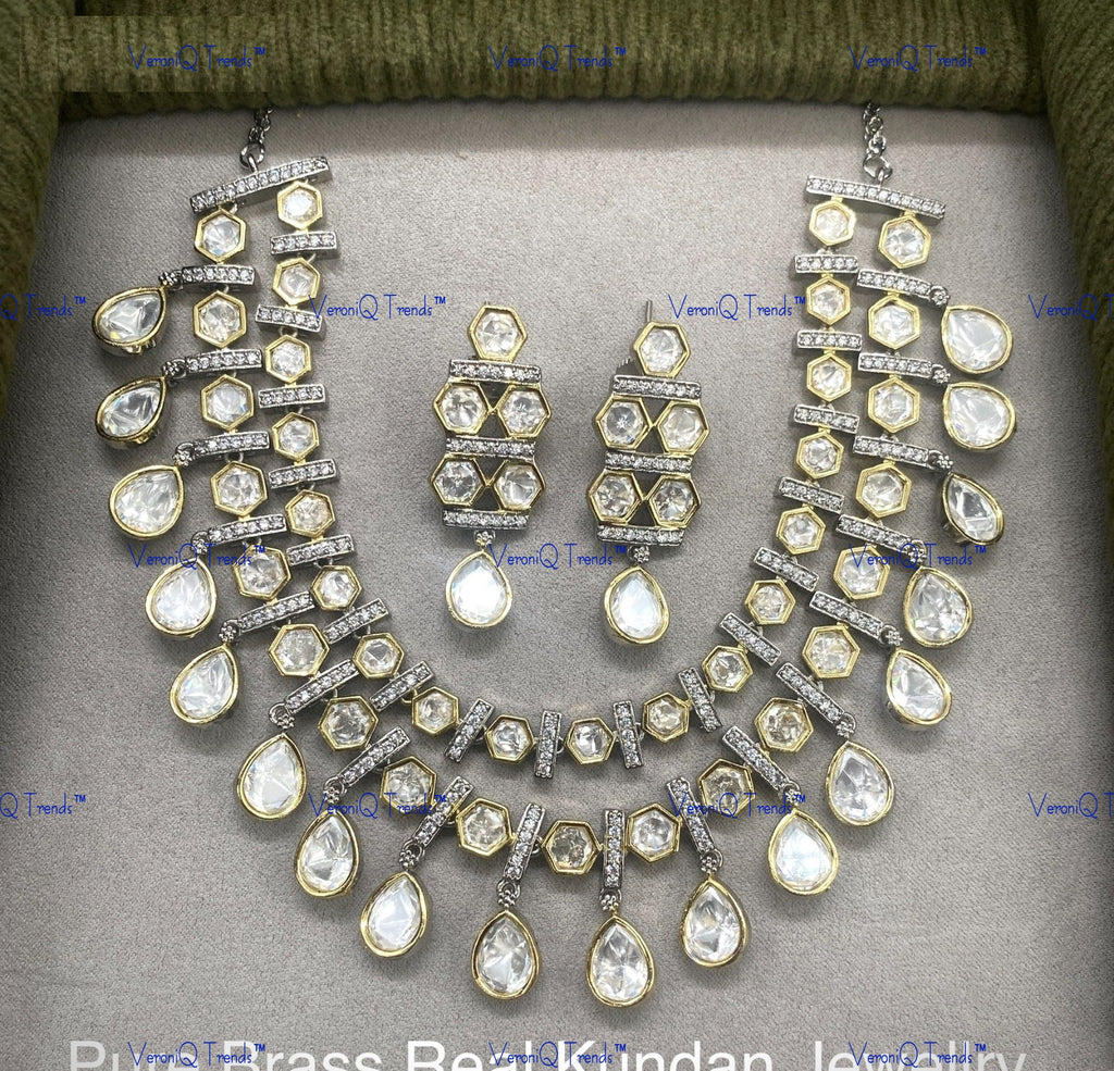 VeroniQ Trends-Cocktail Party Wear Elegant Gold Plated Double Line Kundan Polki Necklace Kundan-Gold Plated-Wedding Jewellery-Punjabi Jewellery-South Indian-Thappa Jewellery