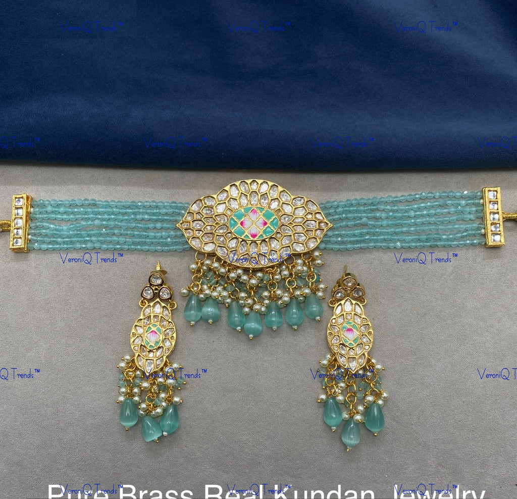 VeroniQ Trends-Elegant Gold Plated Multistrand Kundan Polki Choker Necklace Kundan-Gold Plated-Wedding Jewellery-Punjabi Jewellery-South Indian-Thappa Jewellery