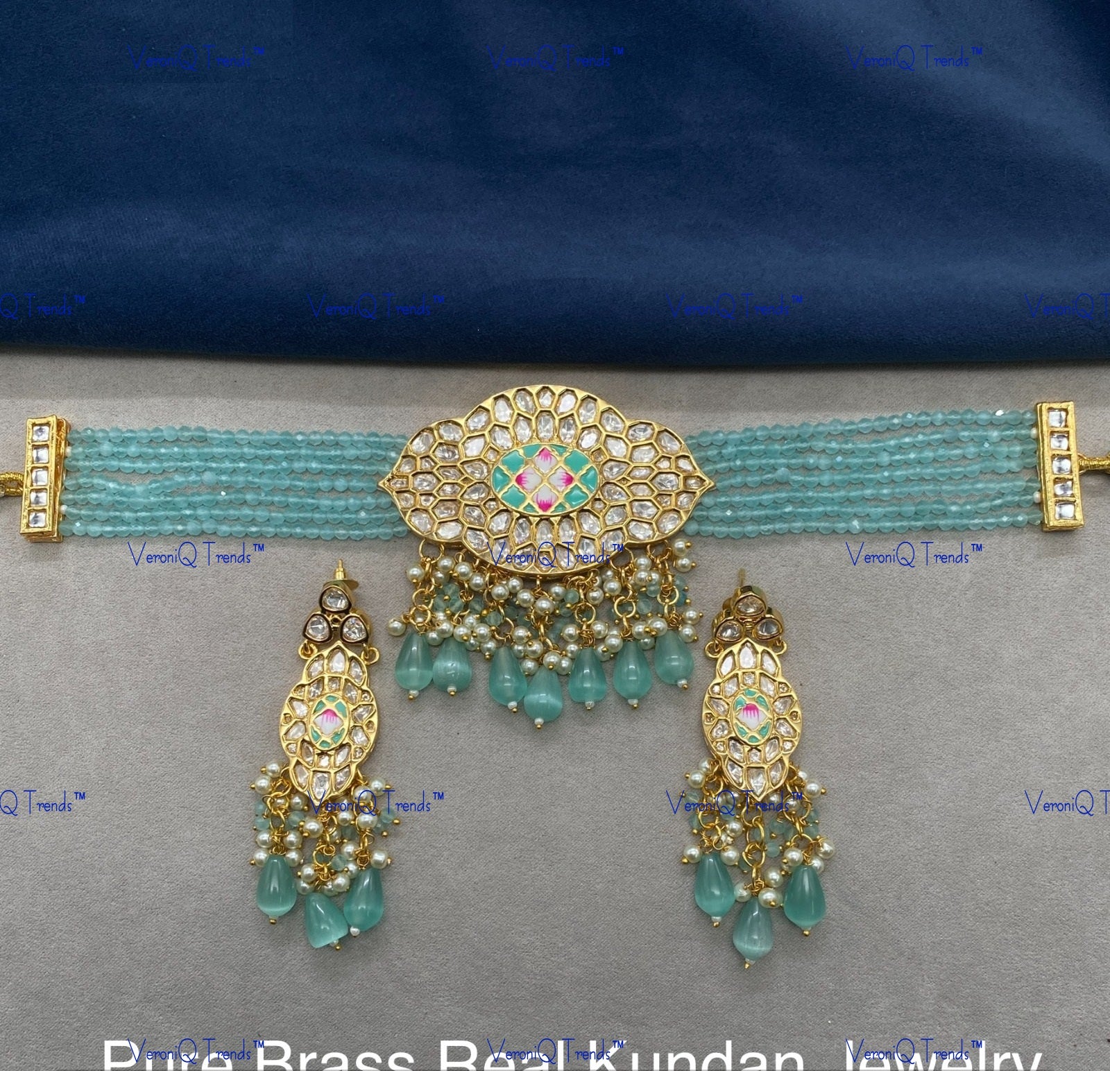 VeroniQ Trends-Elegant Gold Plated Multistrand Kundan Polki Choker Necklace Kundan-Gold Plated-Wedding Jewellery-Punjabi Jewellery-South Indian-Thappa Jewellery
