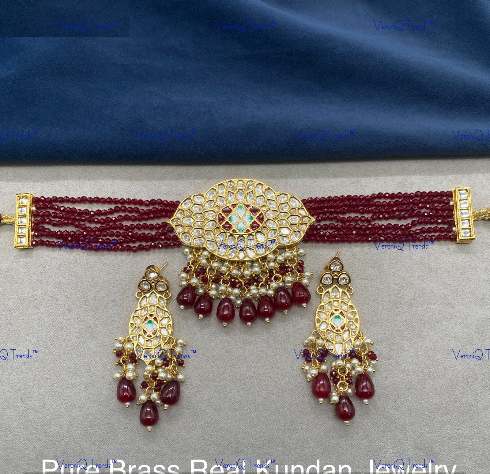 VeroniQ Trends-Elegant Gold Plated Multistrand Kundan Polki Choker Necklace Kundan-Gold Plated-Wedding Jewellery-Punjabi Jewellery-South Indian-Thappa Jewellery