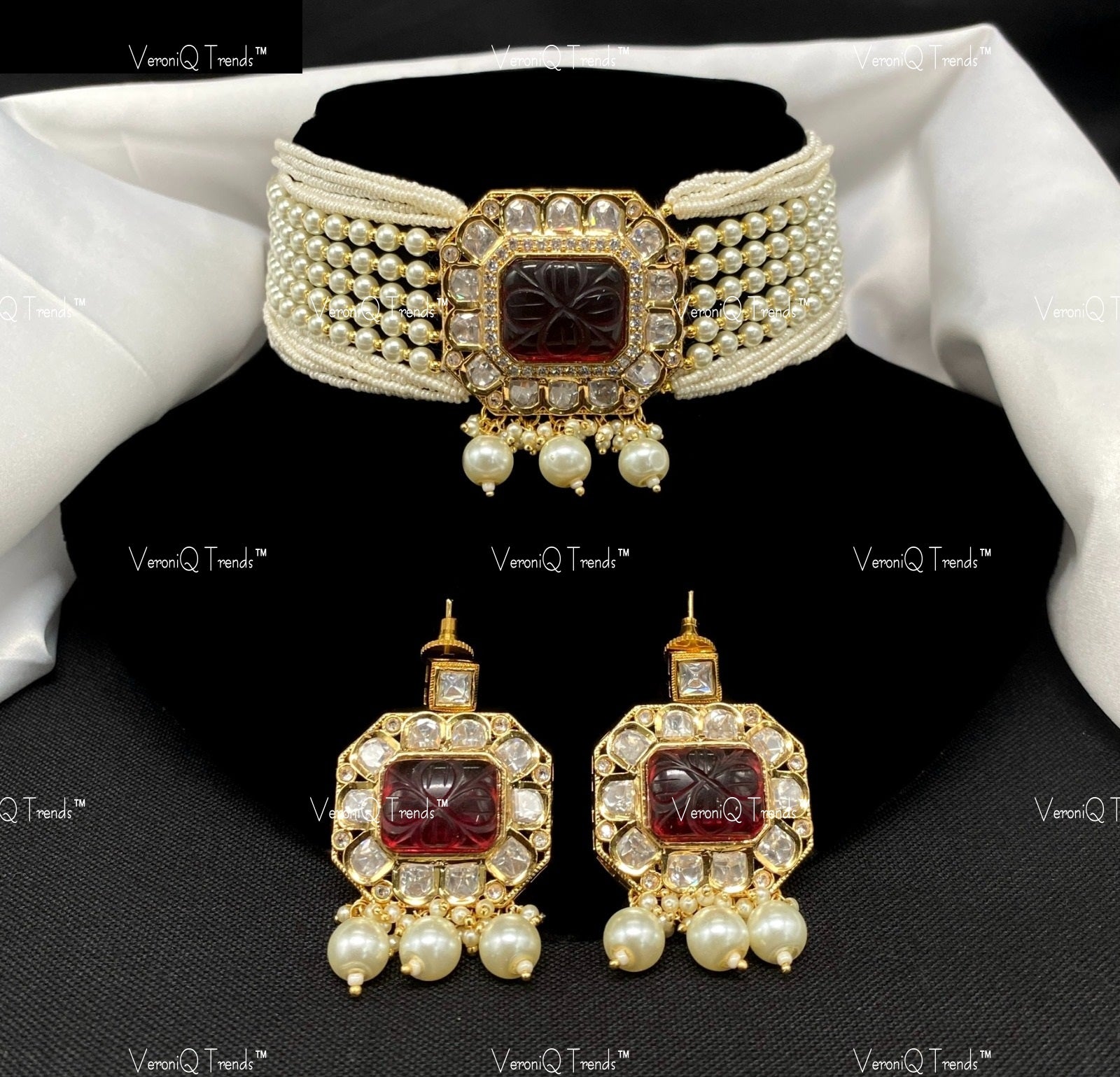 VeroniQ Trends-Beautiful Multistrand Pearl Gold Plated Red Carved Stone And Kundan Polki Choker Necklace Kundan-Gold Plated-Wedding Jewellery-Punjabi Jewellery-South Indian-Thappa Jewellery