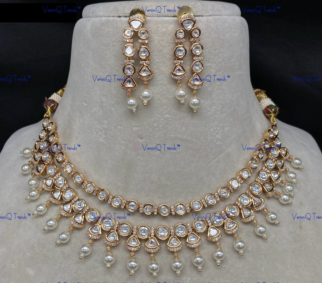 VeroniQ Trends-Elegant Double Line Gold Plated Beads And Kundan Polki Necklace Kundan-Gold Plated-Wedding Jewellery-Punjabi Jewellery-South Indian-Thappa Jewellery