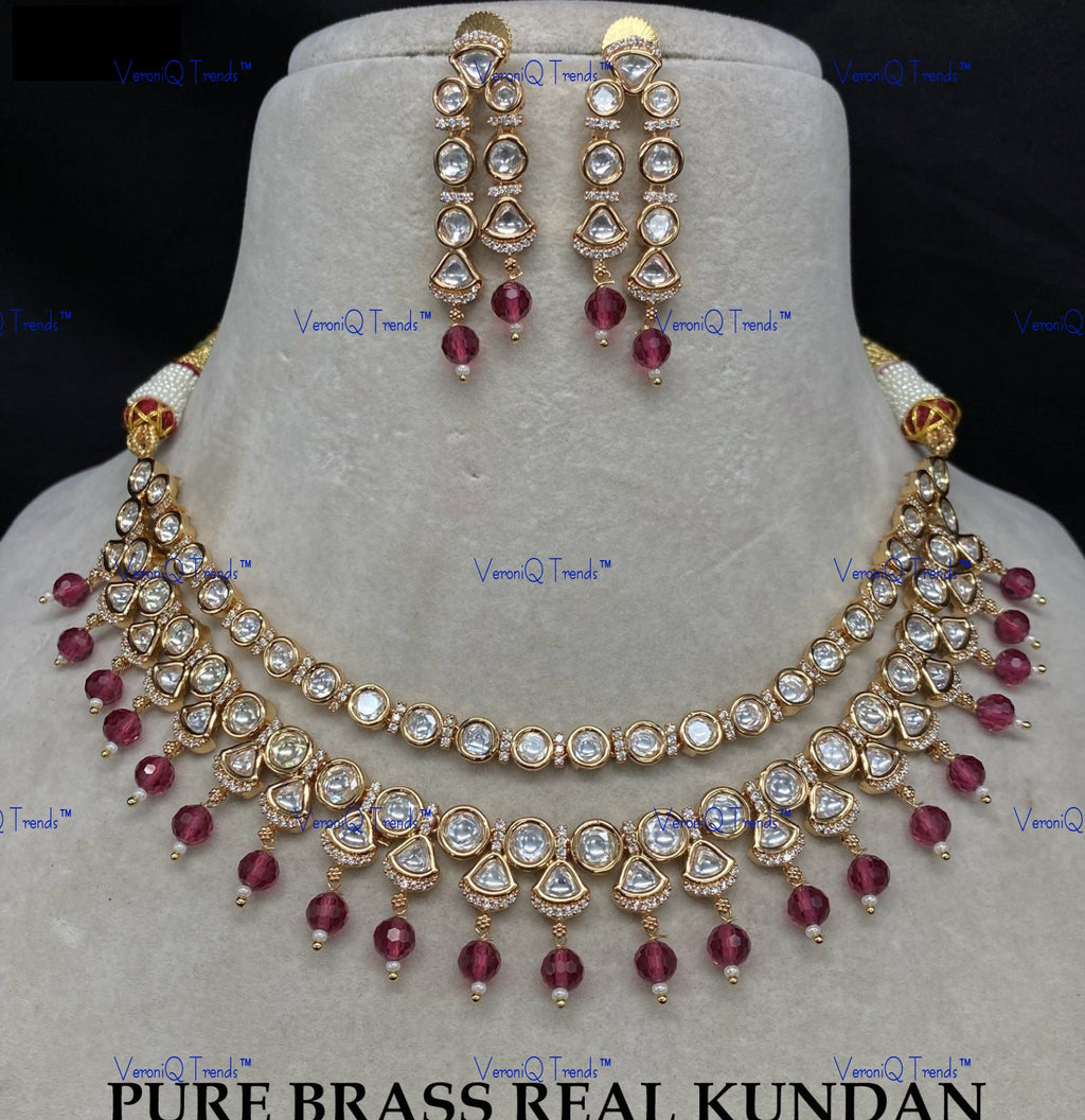 VeroniQ Trends-Elegant Double Line Gold Plated Beads And Kundan Polki Necklace Kundan-Gold Plated-Wedding Jewellery-Punjabi Jewellery-South Indian-Thappa Jewellery