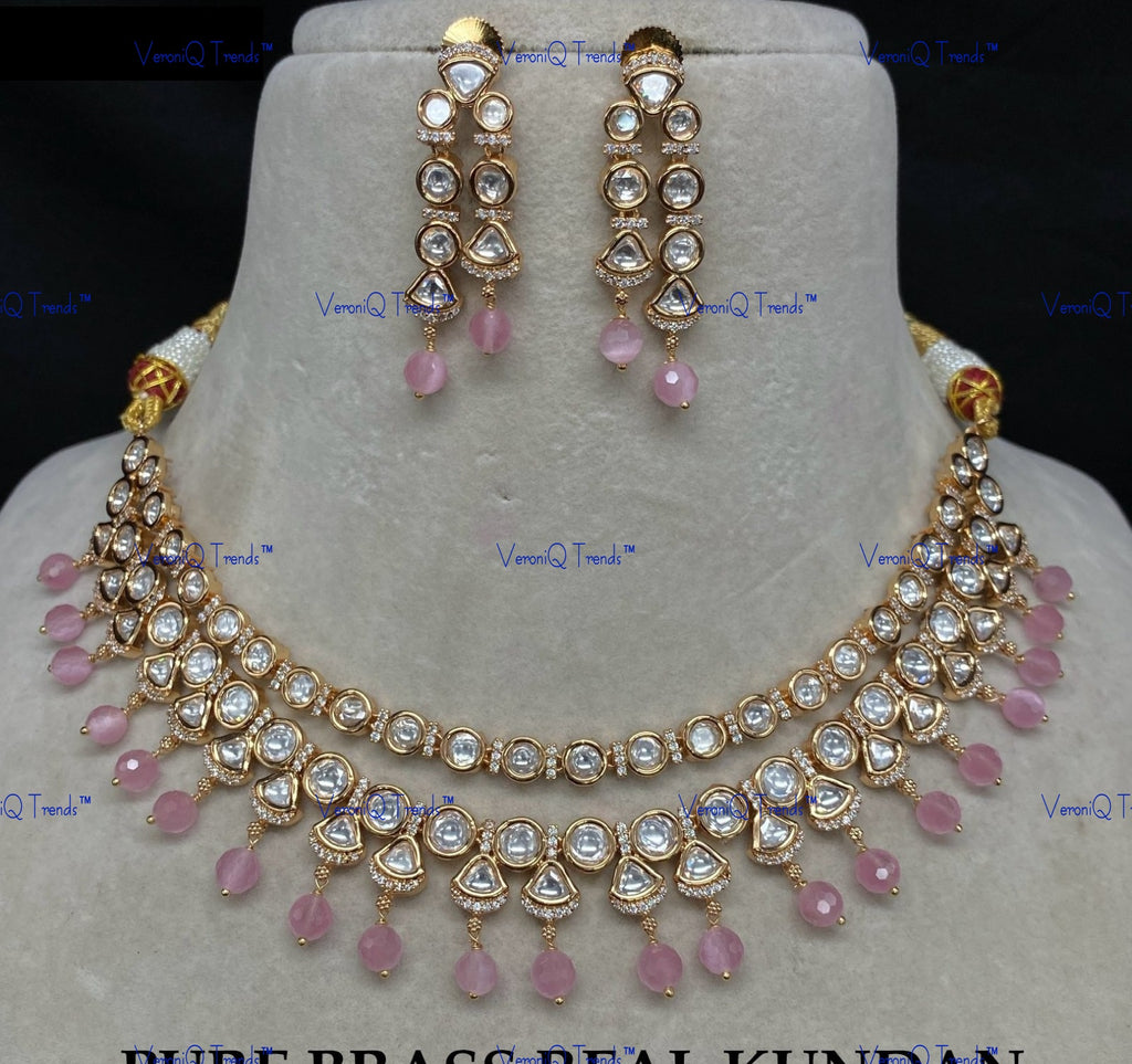 VeroniQ Trends-Elegant Double Line Gold Plated Beads And Kundan Polki Necklace Kundan-Gold Plated-Wedding Jewellery-Punjabi Jewellery-South Indian-Thappa Jewellery