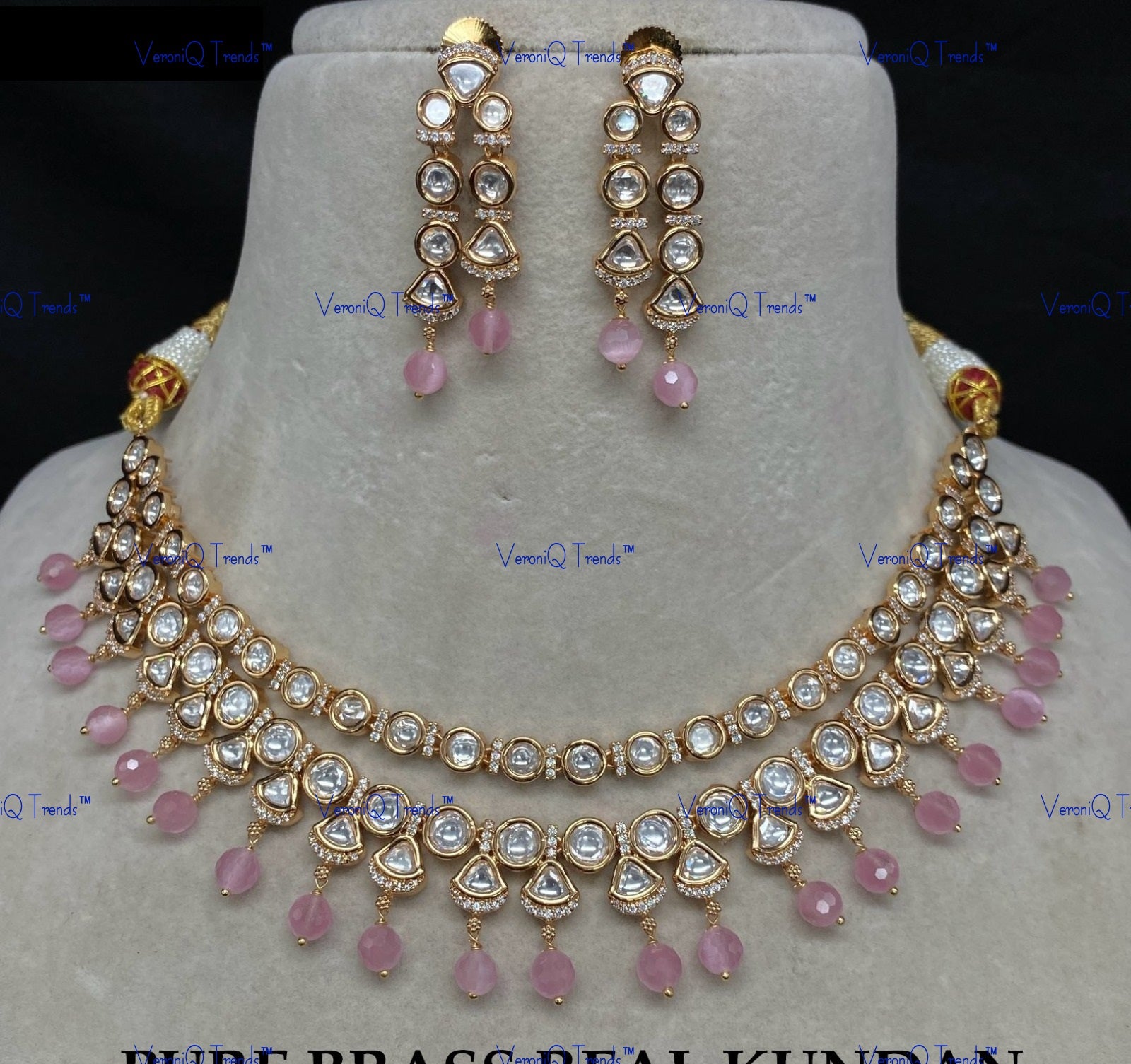 VeroniQ Trends-Elegant Double Line Gold Plated Beads And Kundan Polki Necklace Kundan-Gold Plated-Wedding Jewellery-Punjabi Jewellery-South Indian-Thappa Jewellery