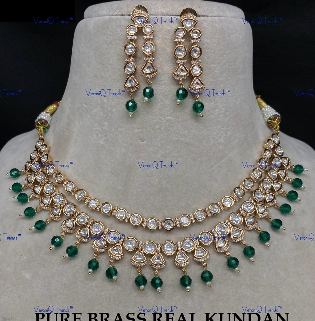 VeroniQ Trends-Elegant Double Line Gold Plated Beads And Kundan Polki Necklace Kundan-Gold Plated-Wedding Jewellery-Punjabi Jewellery-South Indian-Thappa Jewellery