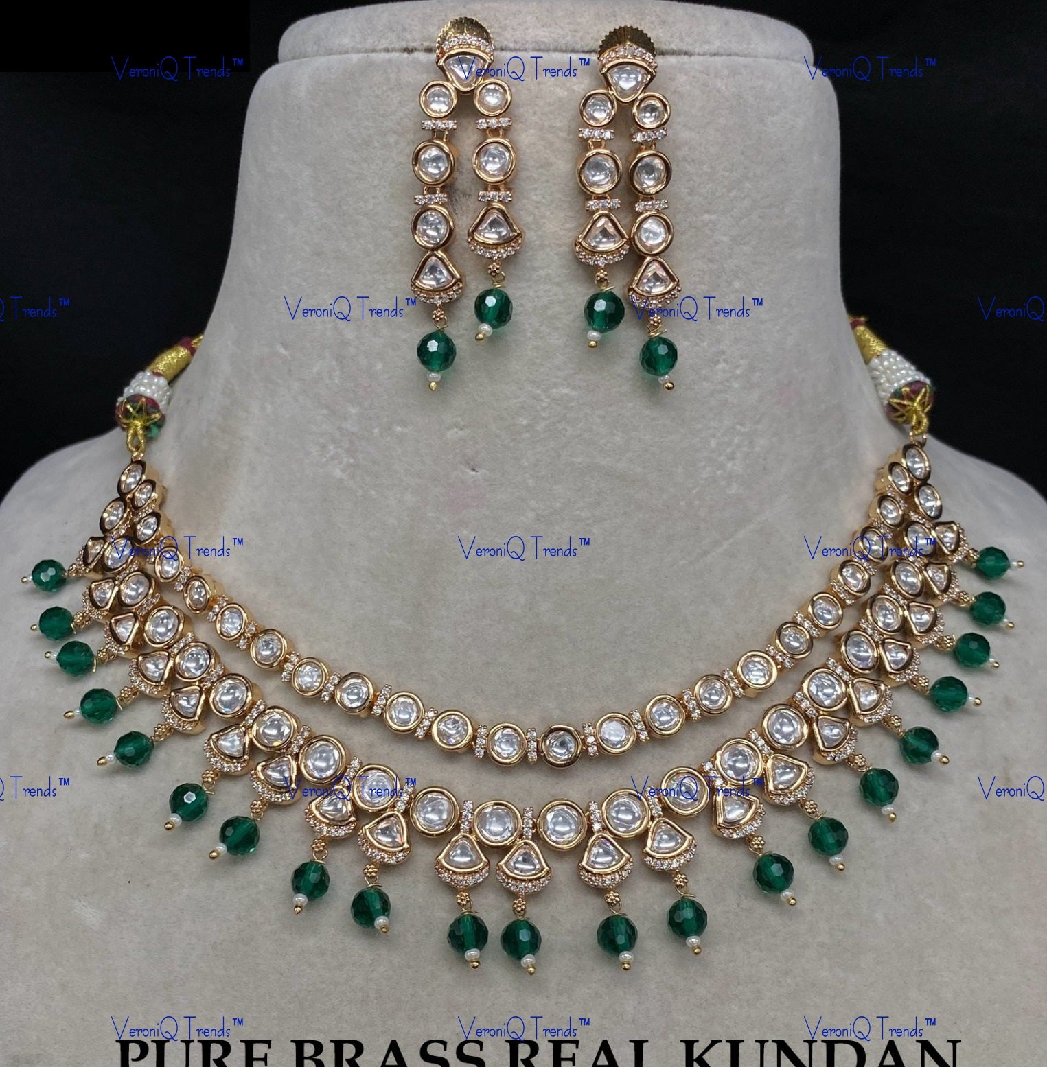 VeroniQ Trends-Elegant Double Line Gold Plated Beads And Kundan Polki Necklace Kundan-Gold Plated-Wedding Jewellery-Punjabi Jewellery-South Indian-Thappa Jewellery