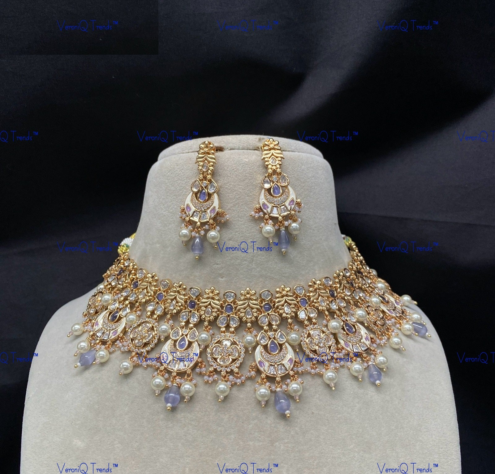 VeroniQ Trends-Traditional Chandbali Style Gold Plated Amethyst Beads And Kundan Polki Choker Necklace Kundan-Gold Plated-Wedding Jewellery-Punjabi Jewellery-South Indian-Thappa Jewellery