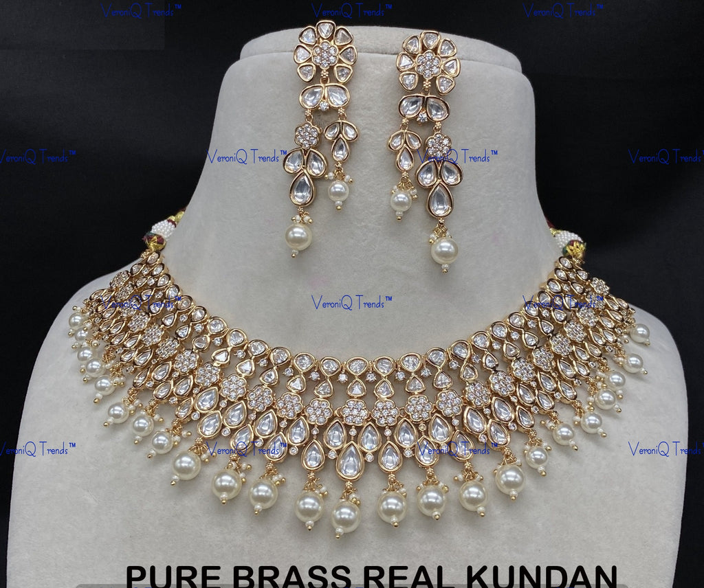 VeroniQ Trends-Traditional Floral Style Gold Plated Pearl And Kundan Polki Necklace Kundan-Gold Plated-Wedding Jewellery-Punjabi Jewellery-South Indian-Thappa Jewellery