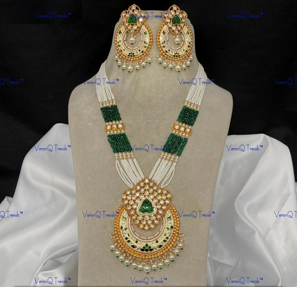 VeroniQ Trends-Traditional Multistrand Gold Plated Meenakari And Kundan Polki Long Necklace With Chandbali Pendant Kundan-Gold Plated-Wedding Jewellery-Punjabi Jewellery-South Indian-Thappa Jewellery