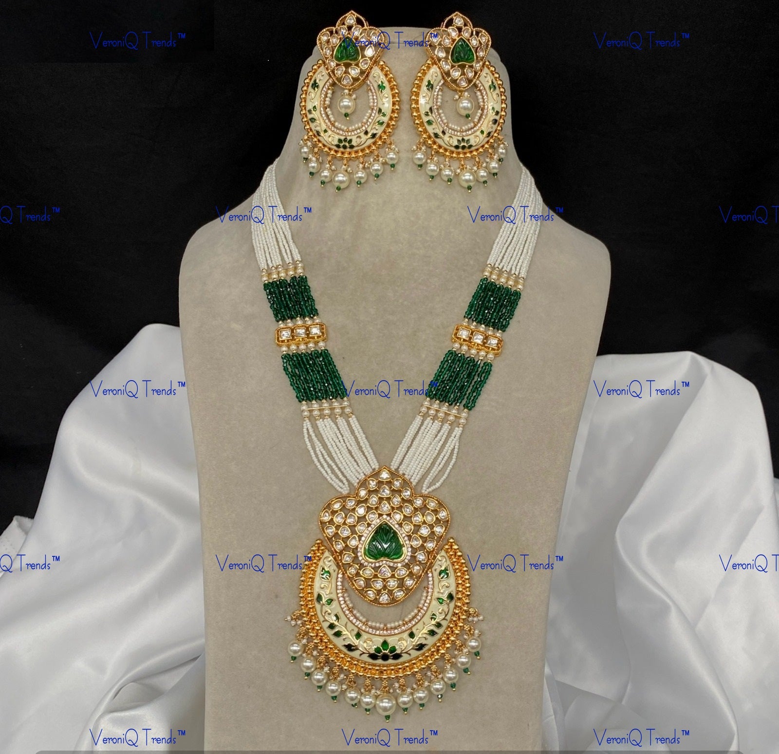 VeroniQ Trends-Traditional Multistrand Gold Plated Meenakari And Kundan Polki Long Necklace With Chandbali Pendant Kundan-Gold Plated-Wedding Jewellery-Punjabi Jewellery-South Indian-Thappa Jewellery