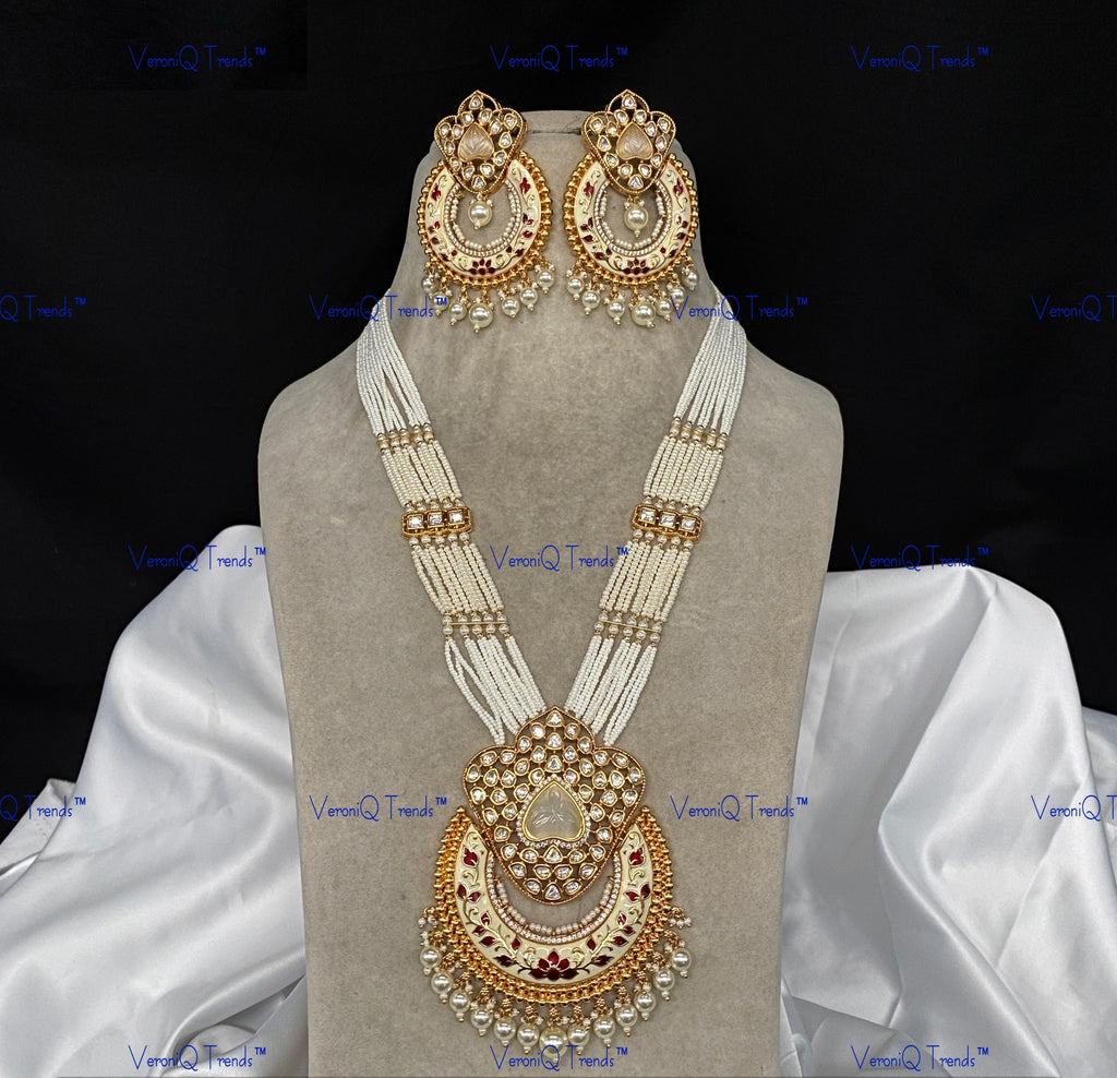VeroniQ Trends-Traditional Multistrand Gold Plated Meenakari And Kundan Polki Long Necklace With Chandbali Pendant Kundan-Gold Plated-Wedding Jewellery-Punjabi Jewellery-South Indian-Thappa Jewellery