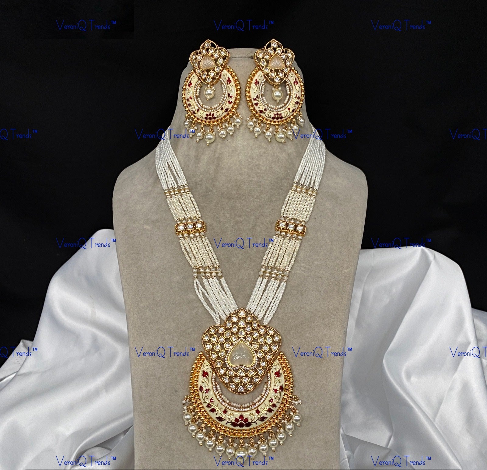 VeroniQ Trends-Traditional Multistrand Gold Plated Meenakari And Kundan Polki Long Necklace With Chandbali Pendant Kundan-Gold Plated-Wedding Jewellery-Punjabi Jewellery-South Indian-Thappa Jewellery