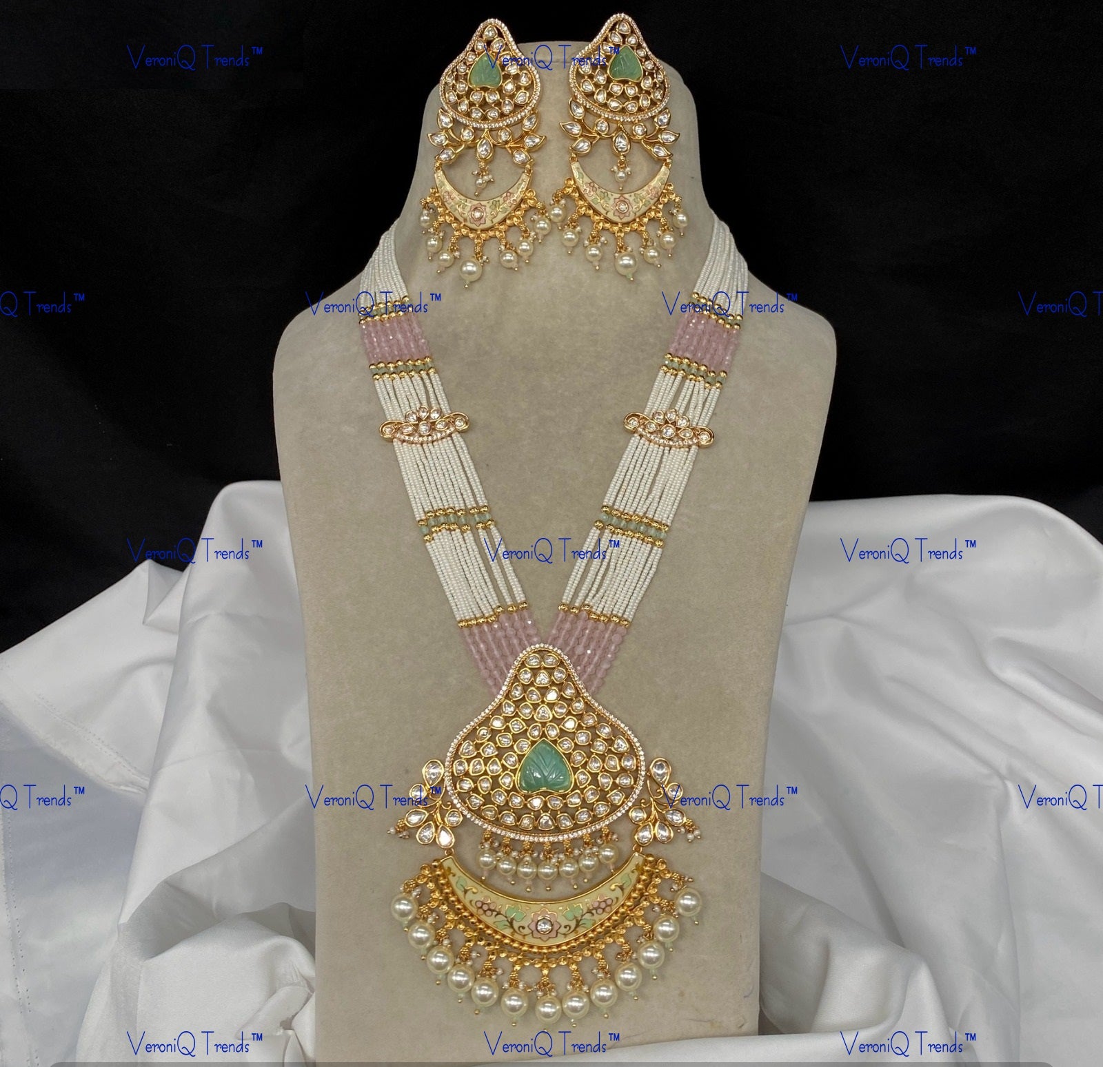 VeroniQ Trends-Traditional Mughal Style Multistrand Gold Plated Meenakari And Kundan Polki Long Necklace Kundan-Gold Plated-Wedding Jewellery-Punjabi Jewellery-South Indian-Thappa Jewellery