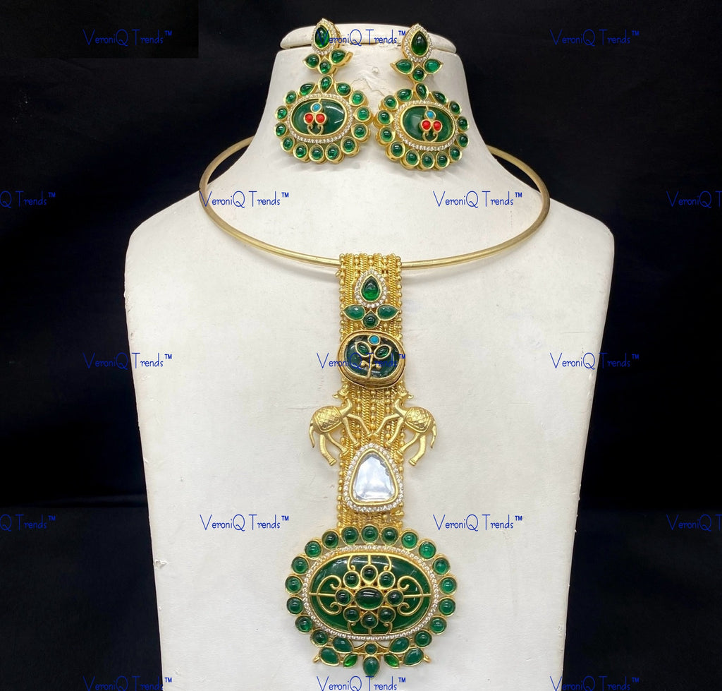 VeroniQ Trends-Traditional Gold Plated Animal Motif Meenakari Kundan Polki Hasli Necklace Kundan-Gold Plated-Wedding Jewellery-Punjabi Jewellery-South Indian-Thappa Jewellery