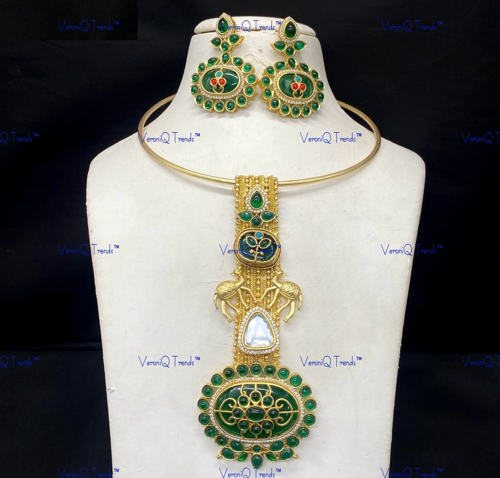 VeroniQ Trends-Traditional Gold Plated Animal Motif Meenakari Kundan Polki Hasli Necklace Kundan-Gold Plated-Wedding Jewellery-Punjabi Jewellery-South Indian-Thappa Jewellery