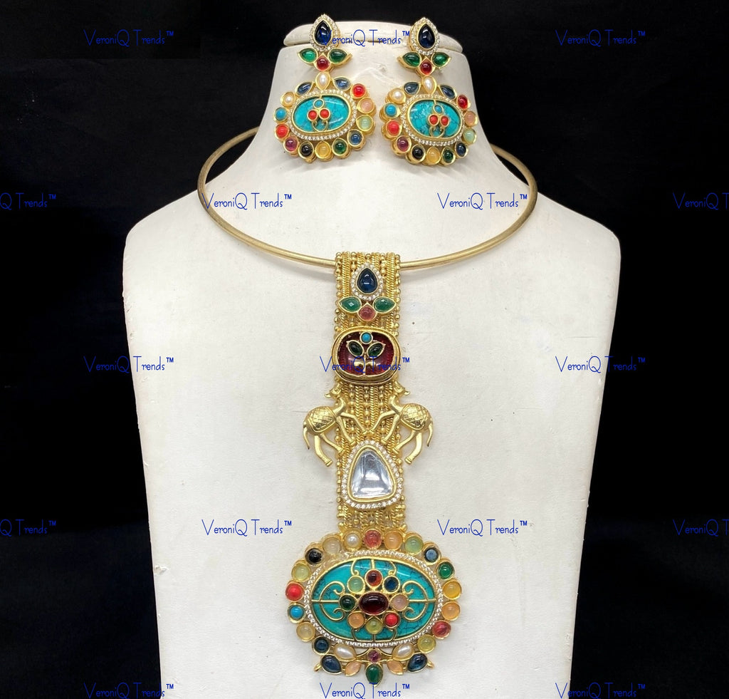 VeroniQ Trends-Traditional Gold Plated Animal Motif Meenakari Kundan Polki Hasli Necklace Kundan-Gold Plated-Wedding Jewellery-Punjabi Jewellery-South Indian-Thappa Jewellery