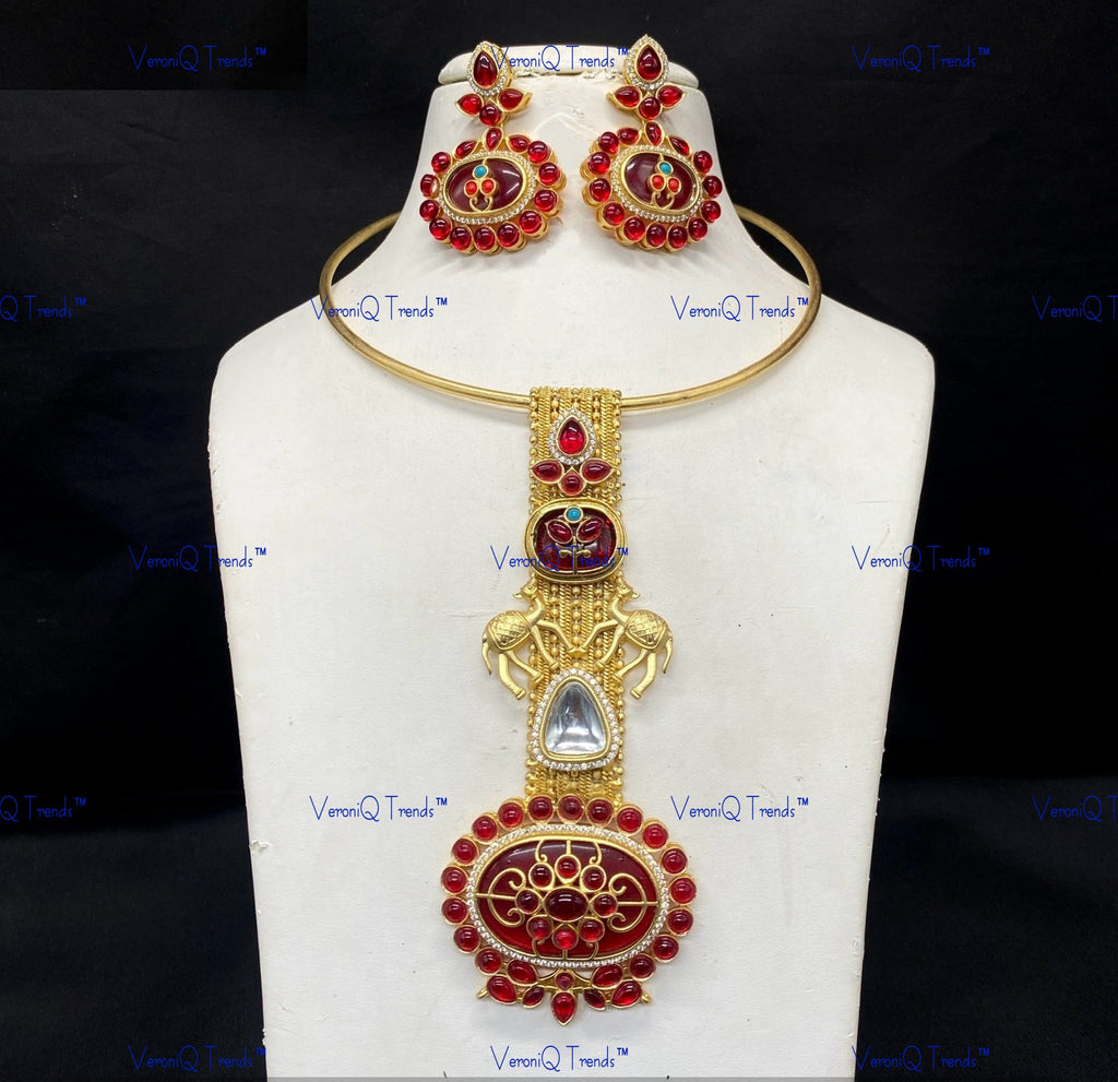 VeroniQ Trends-Traditional Gold Plated Animal Motif Meenakari Kundan Polki Hasli Necklace Kundan-Gold Plated-Wedding Jewellery-Punjabi Jewellery-South Indian-Thappa Jewellery