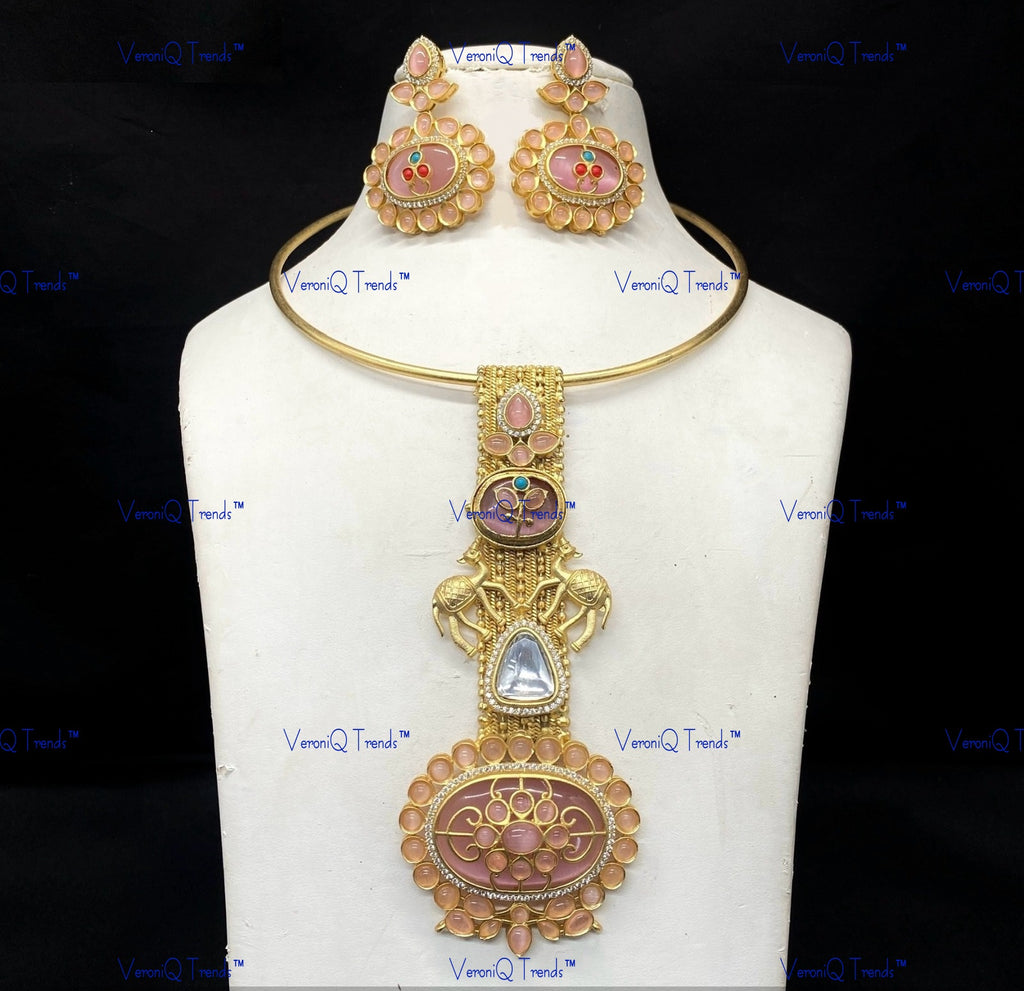 VeroniQ Trends-Traditional Gold Plated Animal Motif Meenakari Kundan Polki Hasli Necklace Kundan-Gold Plated-Wedding Jewellery-Punjabi Jewellery-South Indian-Thappa Jewellery
