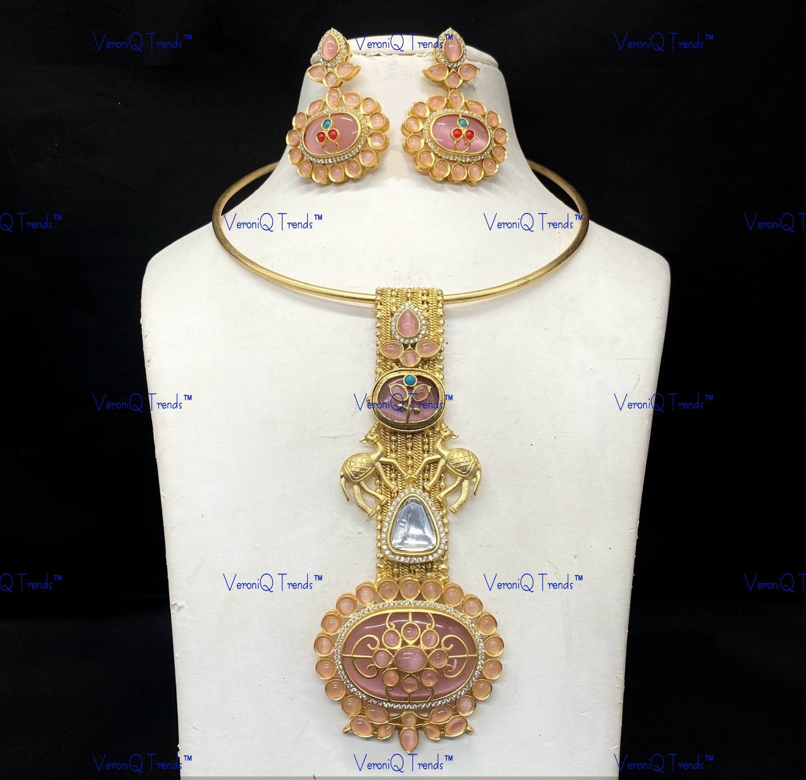 VeroniQ Trends-Traditional Gold Plated Animal Motif Meenakari Kundan Polki Hasli Necklace Kundan-Gold Plated-Wedding Jewellery-Punjabi Jewellery-South Indian-Thappa Jewellery