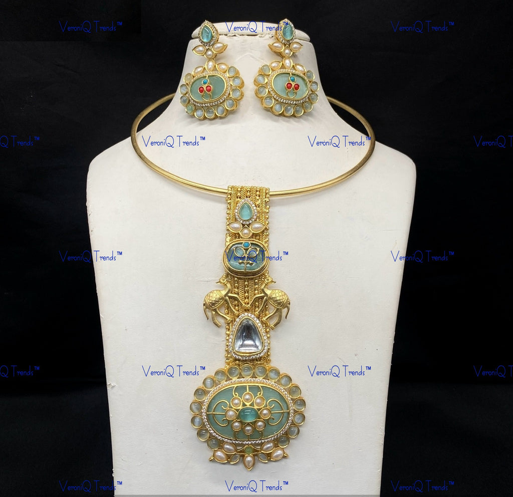 VeroniQ Trends-Traditional Gold Plated Animal Motif Meenakari Kundan Polki Hasli Necklace Kundan-Gold Plated-Wedding Jewellery-Punjabi Jewellery-South Indian-Thappa Jewellery