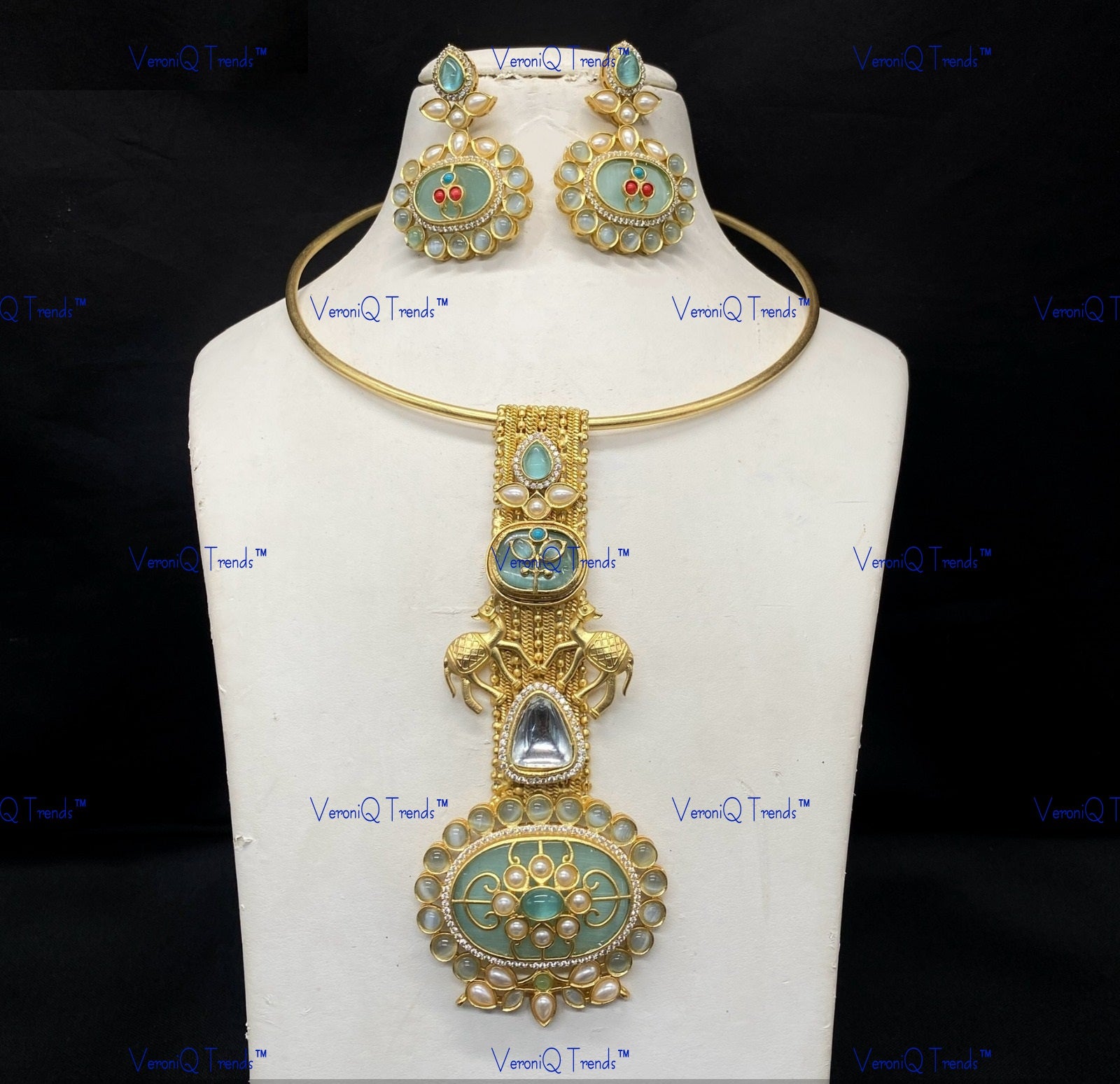 VeroniQ Trends-Traditional Gold Plated Animal Motif Meenakari Kundan Polki Hasli Necklace Kundan-Gold Plated-Wedding Jewellery-Punjabi Jewellery-South Indian-Thappa Jewellery
