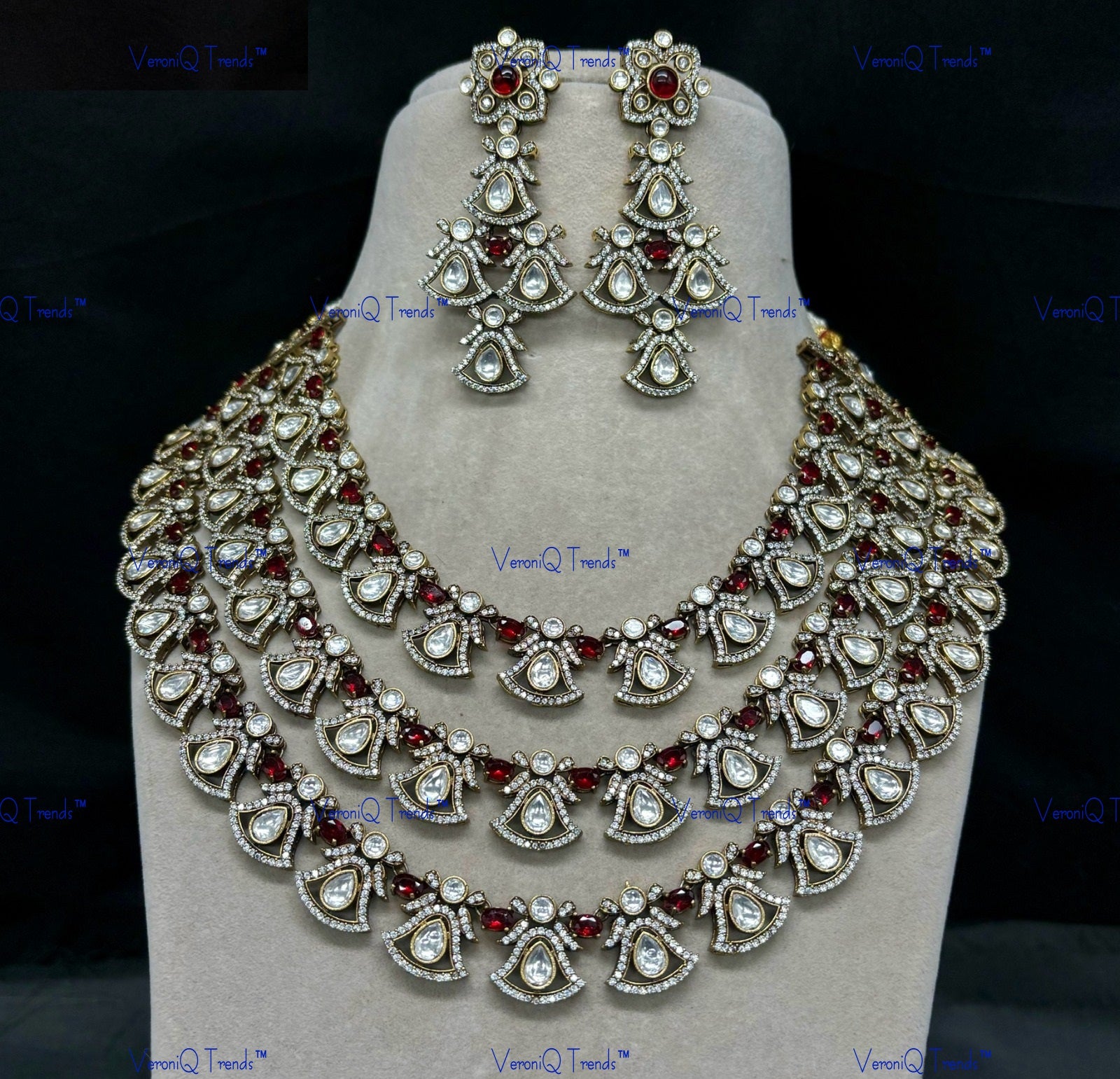 VeroniQ Trends-Victorian Elegant Multi-Layer Gold Plated Kundan Polki Statement Necklace Kundan-Gold Plated-Wedding Jewellery-Punjabi Jewellery-South Indian-Thappa Jewellery