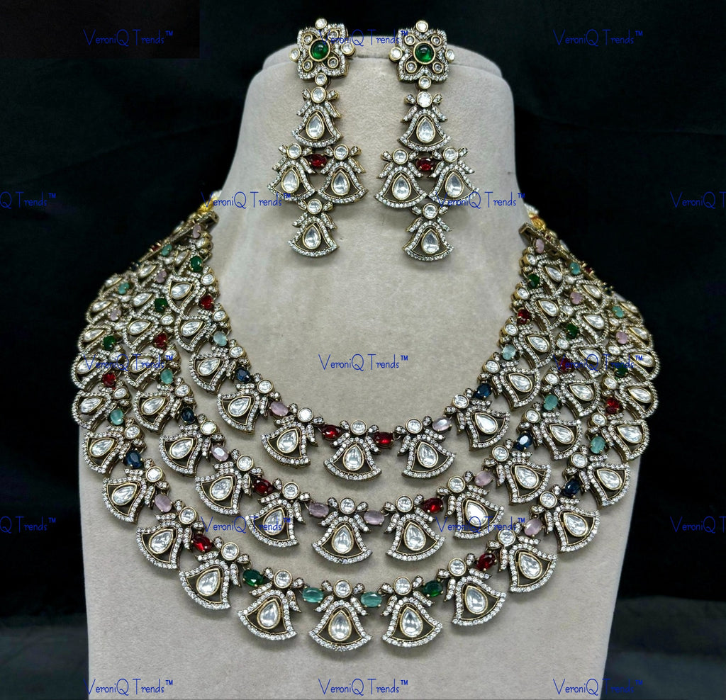 VeroniQ Trends-Victorian Elegant Multi-Layer Gold Plated Kundan Polki Statement Necklace Kundan-Gold Plated-Wedding Jewellery-Punjabi Jewellery-South Indian-Thappa Jewellery