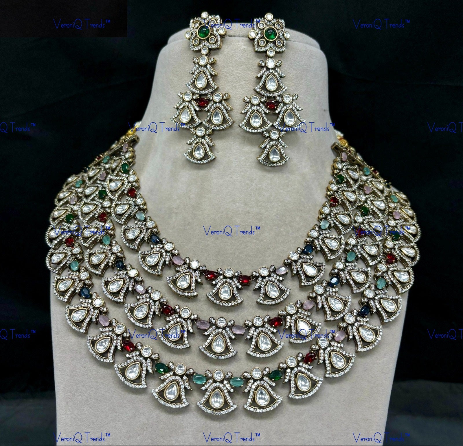 VeroniQ Trends-Victorian Elegant Multi-Layer Gold Plated Kundan Polki Statement Necklace Kundan-Gold Plated-Wedding Jewellery-Punjabi Jewellery-South Indian-Thappa Jewellery