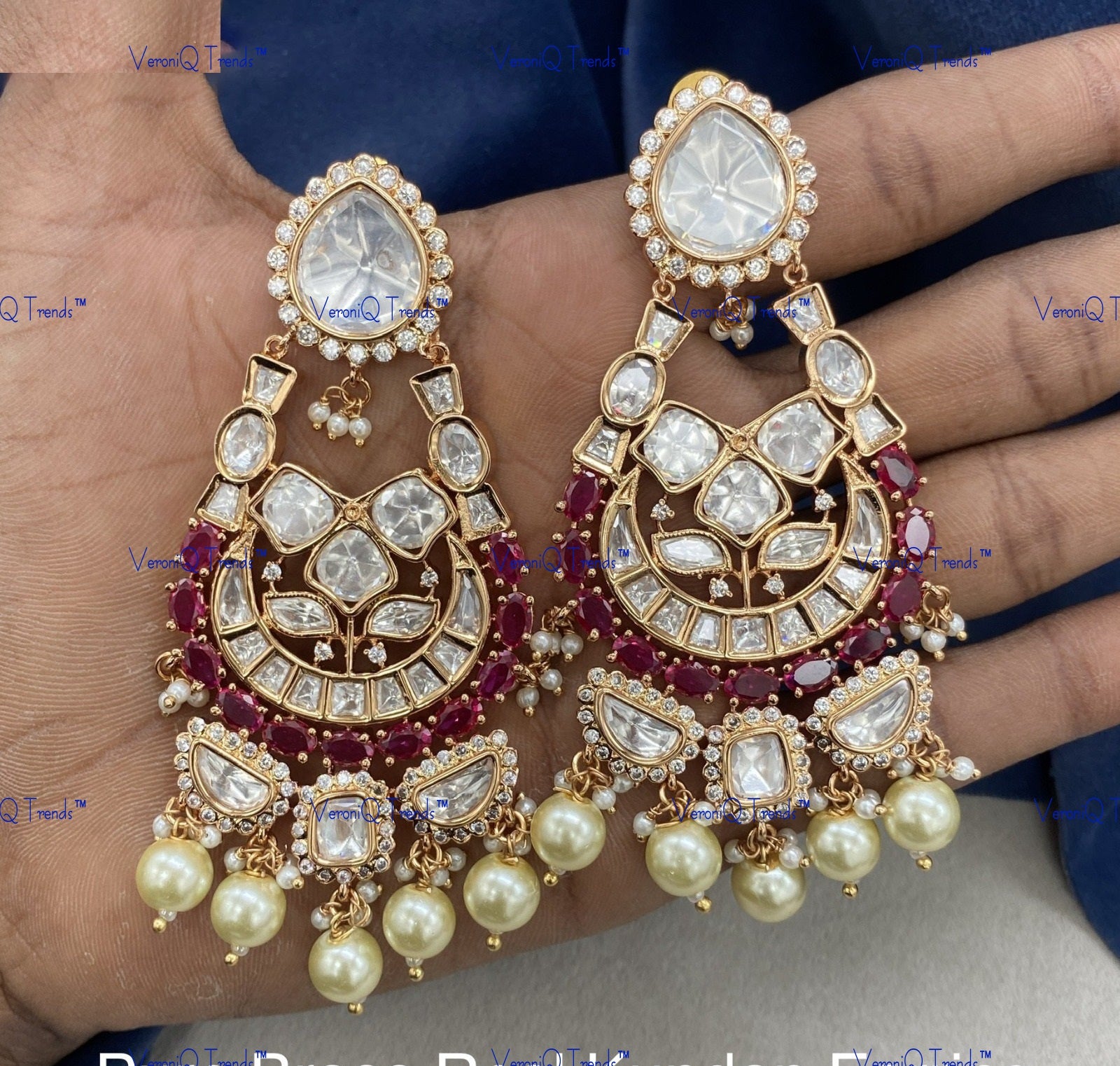 VeroniQ Trends-Elegant Gold Plated Kundan Polki Chandbali Earrings Kundan-Gold Plated-Wedding Jewellery-Punjabi Jewellery-South Indian-Thappa Jewellery