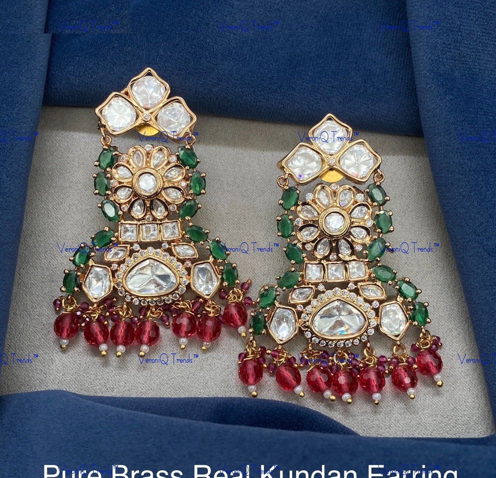 VeroniQ Trends-Elegant Floral Gold Plated Kundan Polki Earrings Kundan-Gold Plated-Wedding Jewellery-Punjabi Jewellery-South Indian-Thappa Jewellery