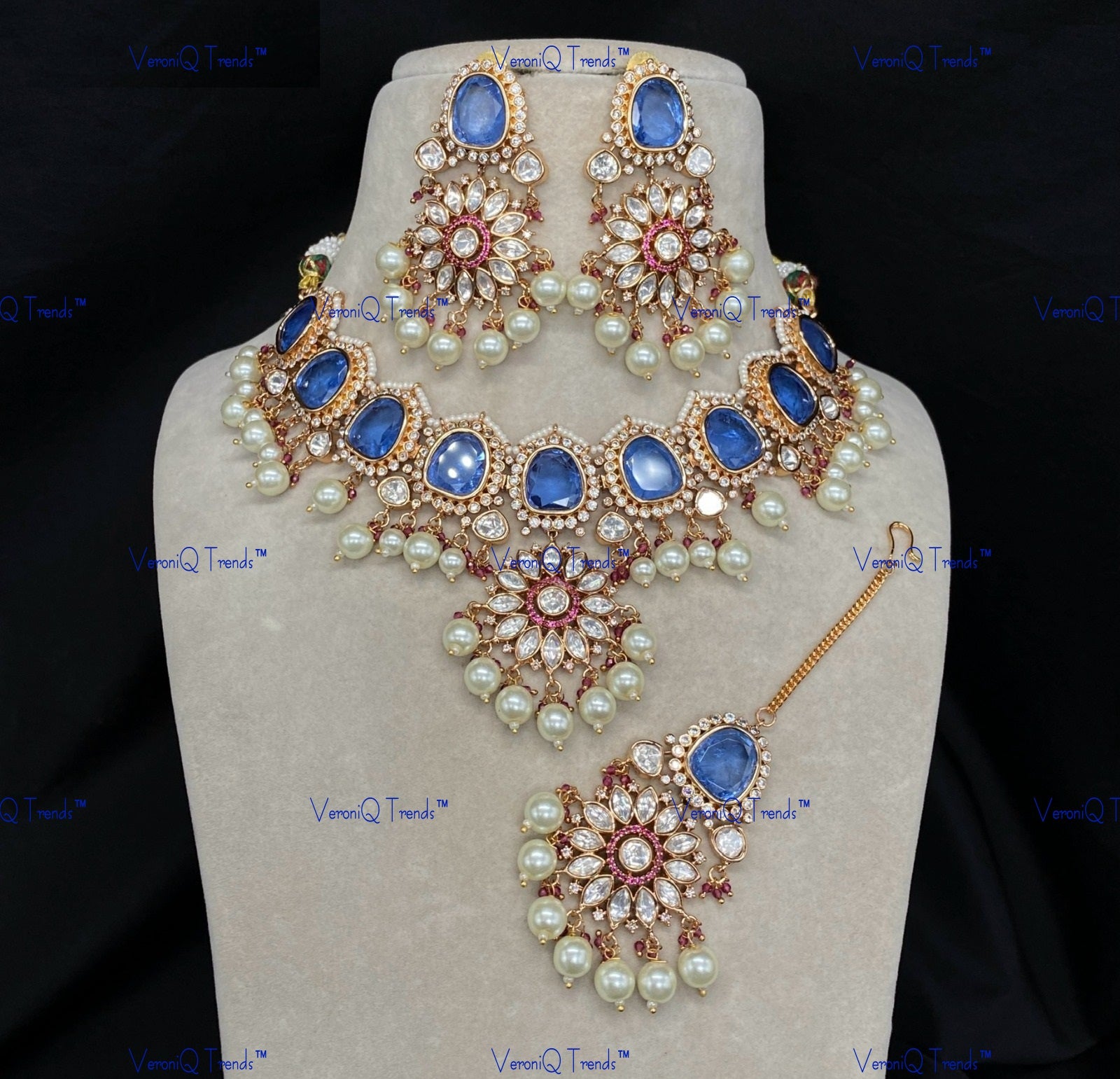 VeroniQ Trends-Traditional Floral Bridal Gold Plated Amethyst Stone And Kundan Polki Choker Necklace With Pearl Kundan-Gold Plated-Wedding Jewellery-Punjabi Jewellery-South Indian-Thappa Jewellery