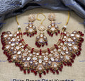 VeroniQ Trends-Beautiful Bridal Gold Plated Peacock Motif Sapphire Stone And Kundan Polki Choker Necklace With Red Beads Kundan-Gold Plated-Wedding Jewellery-Punjabi Jewellery-South Indian-Thappa Jewellery