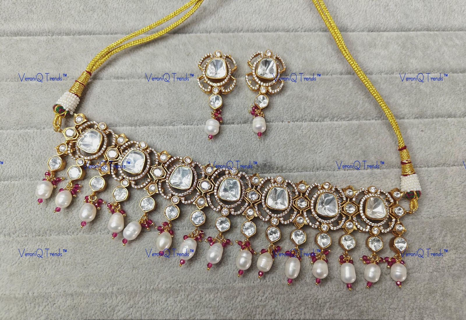 VeroniQ Trends-Beautiful Gold Plated Polki And Pearl Choker Necklace Polki-Gold Plated-Wedding Jewellery-Punjabi Jewellery-South Indian-Thappa Jewellery